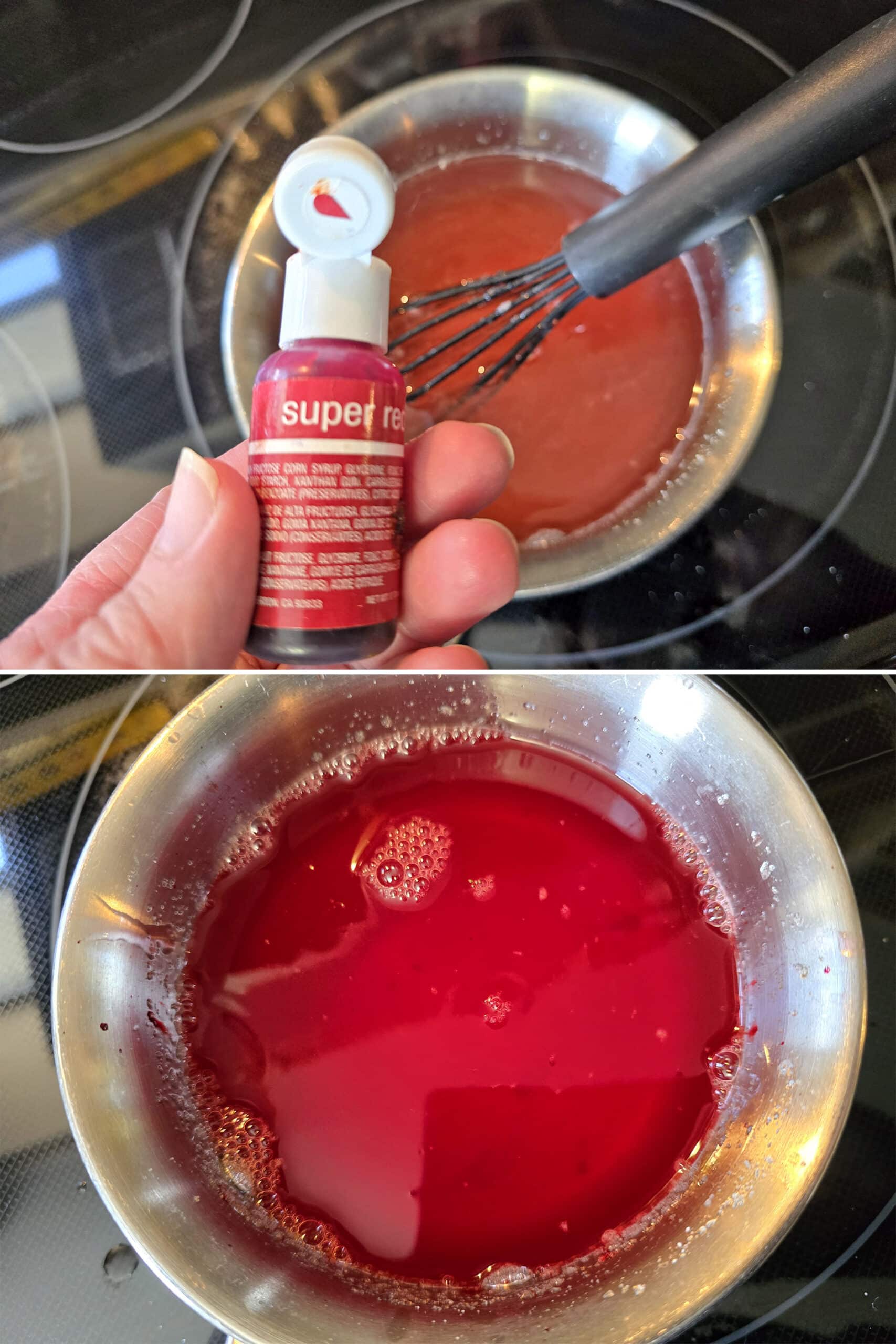 2 part image showing the pot of sugar free jello mixture with a hand holding a bottle of red food colouring in front of it, then the pot after the mixture has been coloured brighter red.
