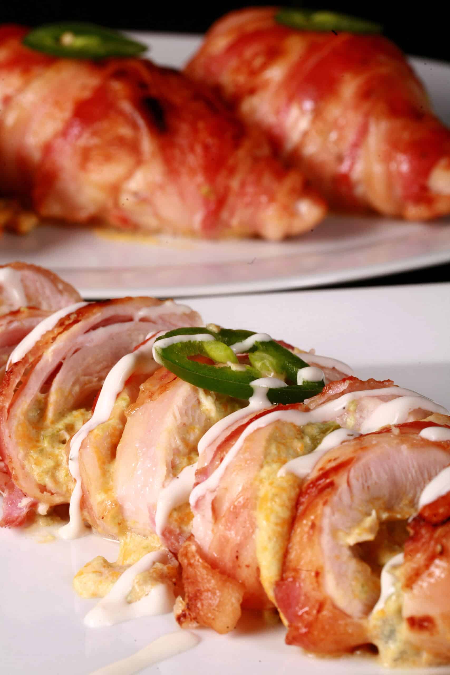 A plate of Jalapeno popper stuffed chicken breasts.