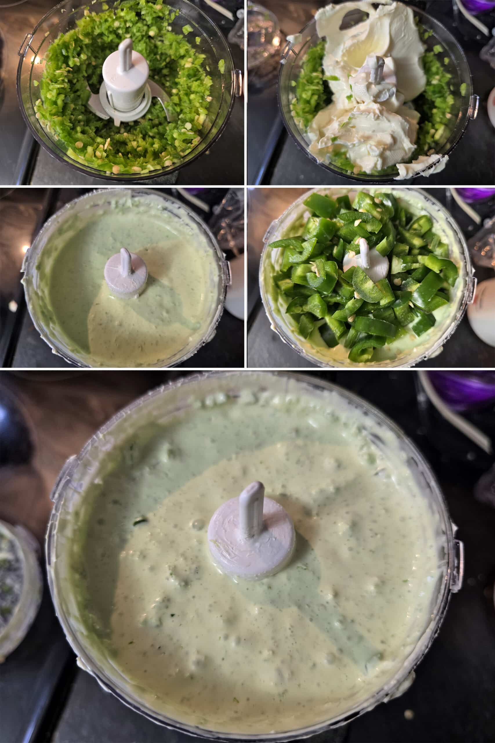 5 part image showing chopped jalapenos being pureed with cream cheese, then more chopped jalapenos being added and blitzed in til chunky.