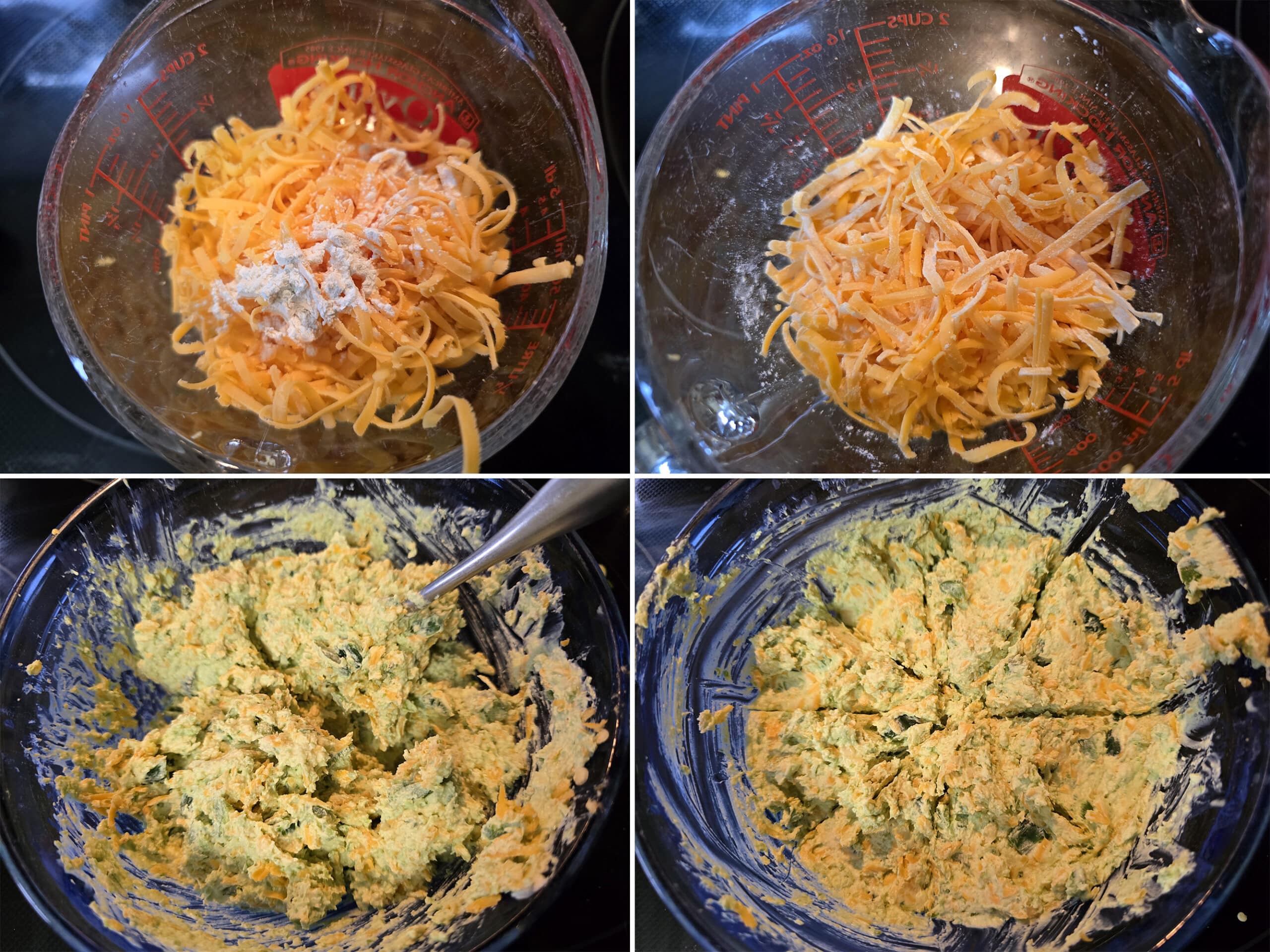 2 part image showing the shredded cheddar tosses with xanthan gum, then mixed into the cream cheese and jalapeno mixture.