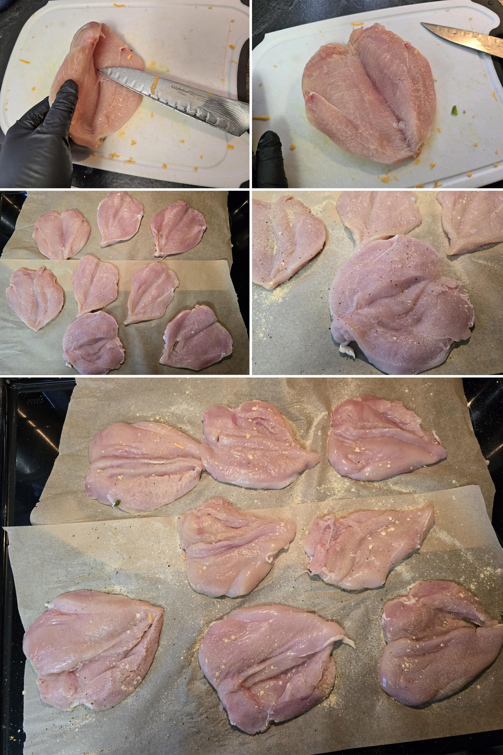 5 part image showing a chicken breast being butterflied, then all the breasts spread open and seasoned on both sides.