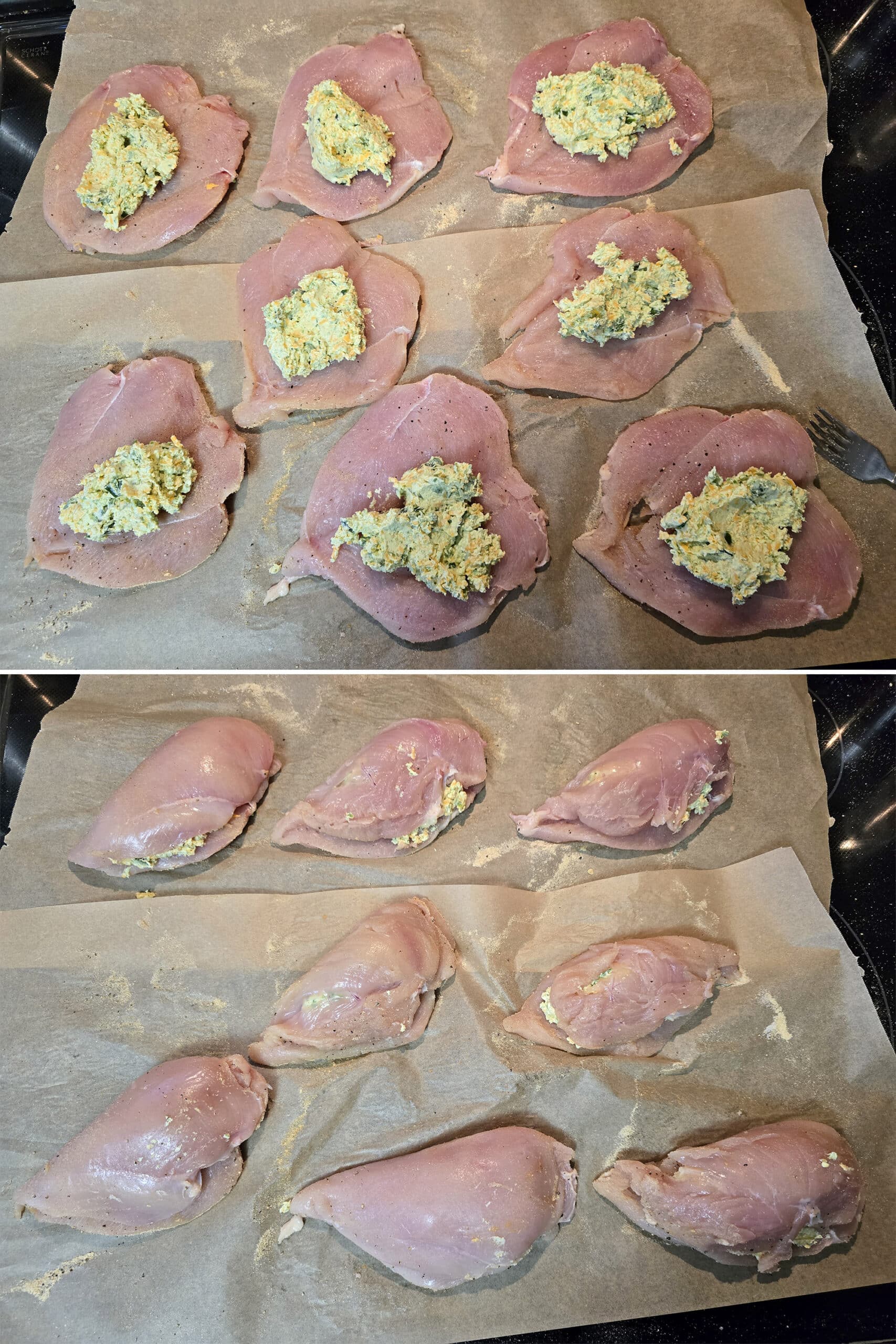 2 part image showing the filling divided between chicken breasts, then each breast folded around the filling.