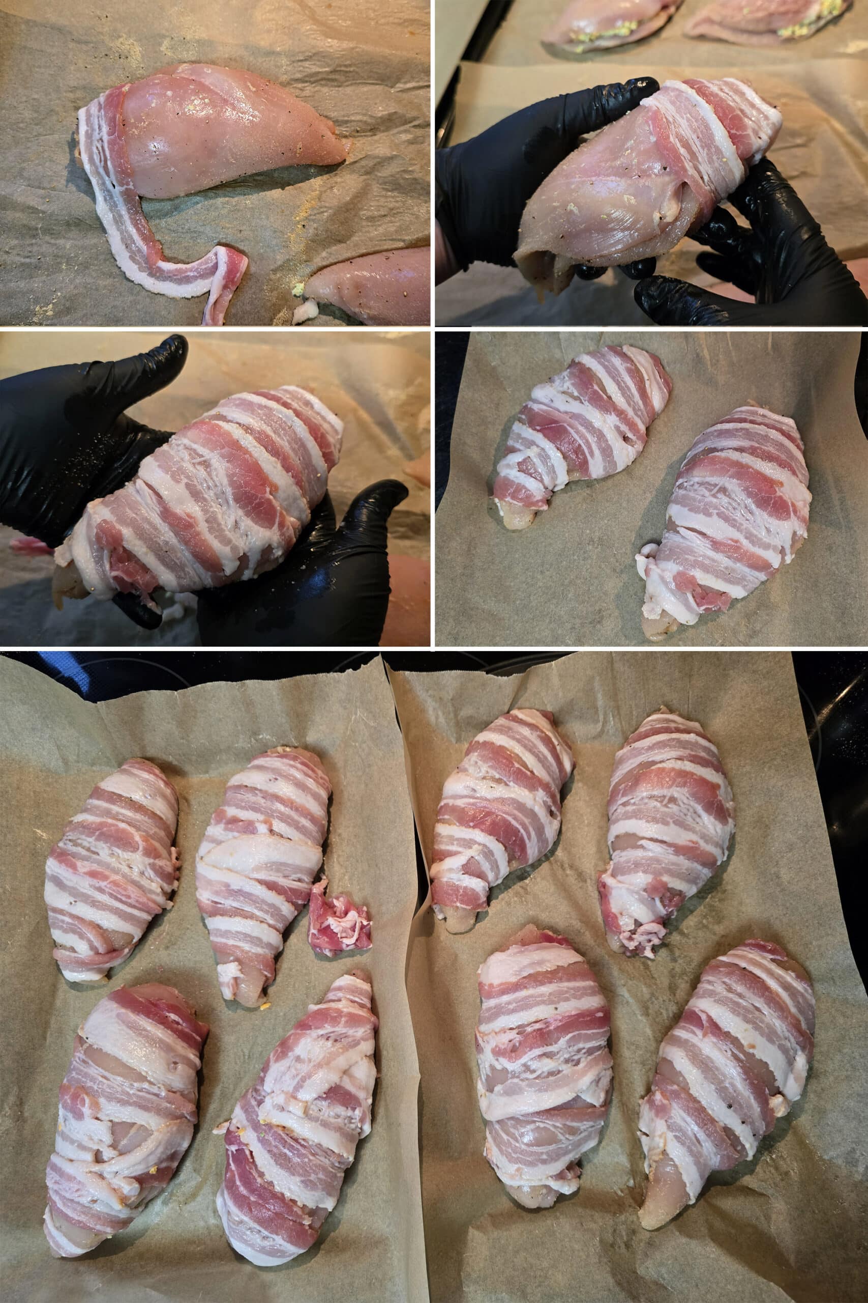 5 part image showing stuffed chicken breasts being wrapped in bacon and laid out on parchment lined baking sheets.