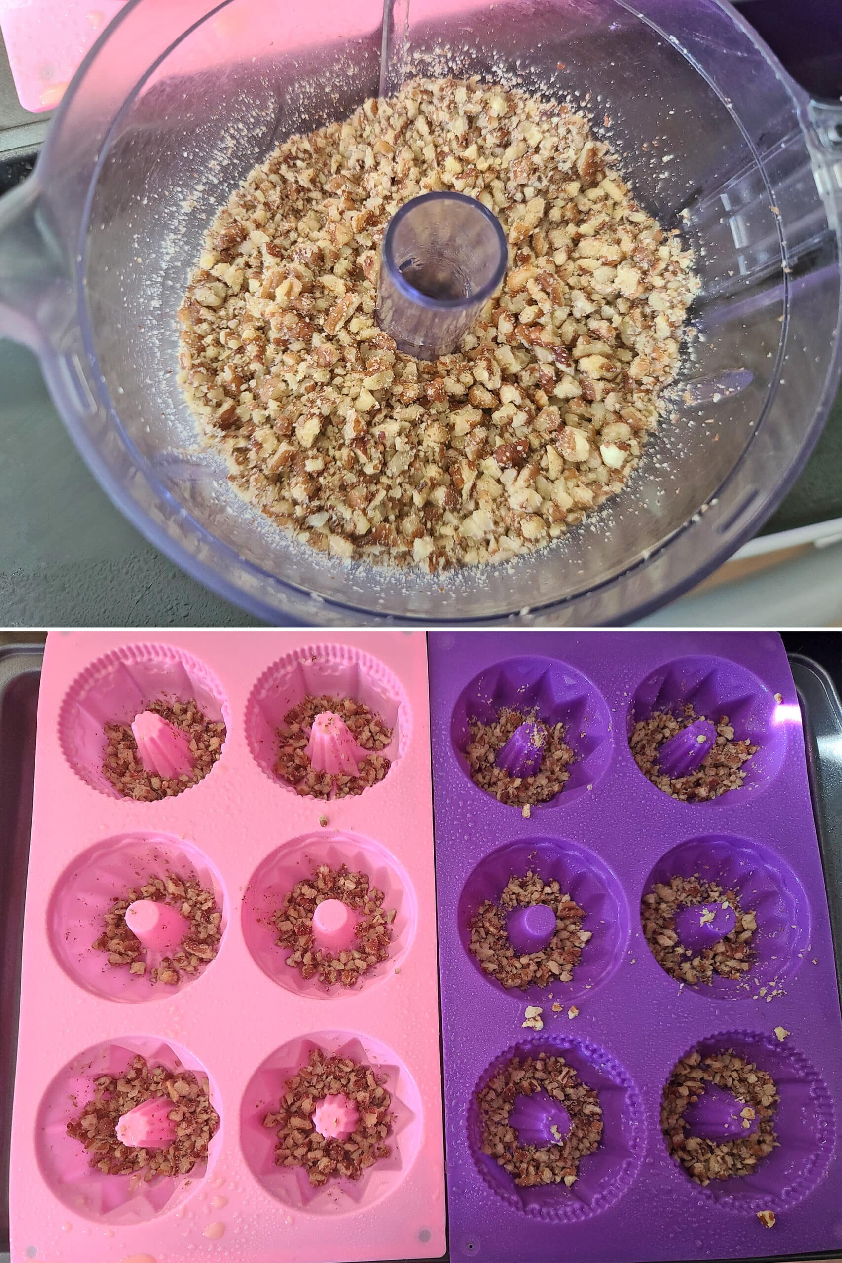 2 part image showing pecans being processed down in a mini food processor, then sprinkled in mini bundt pans.