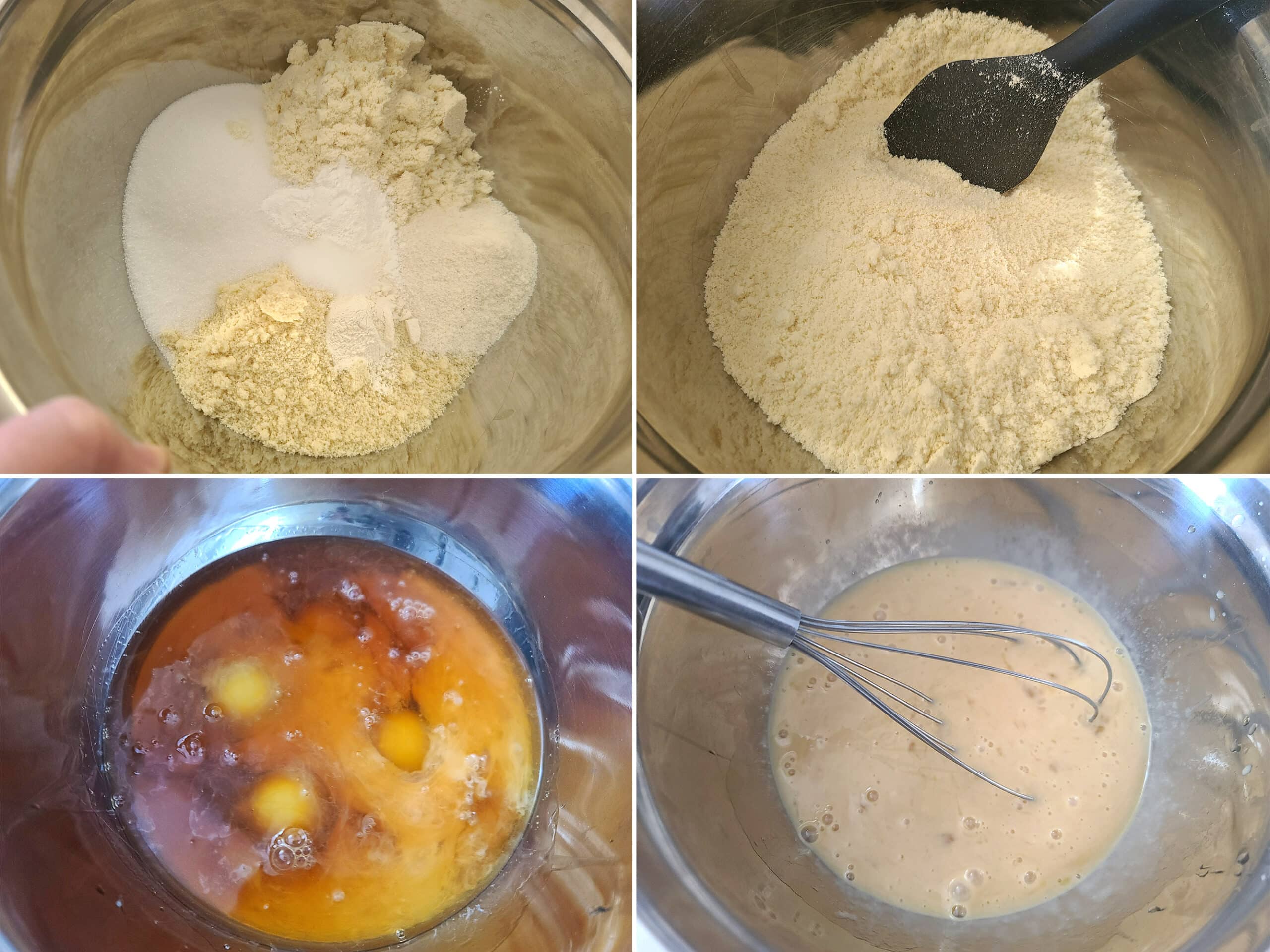 4 part image showing the dry ingredients being mixed in one bowl, and the wet ingredients being mixed together in a separate bowl.