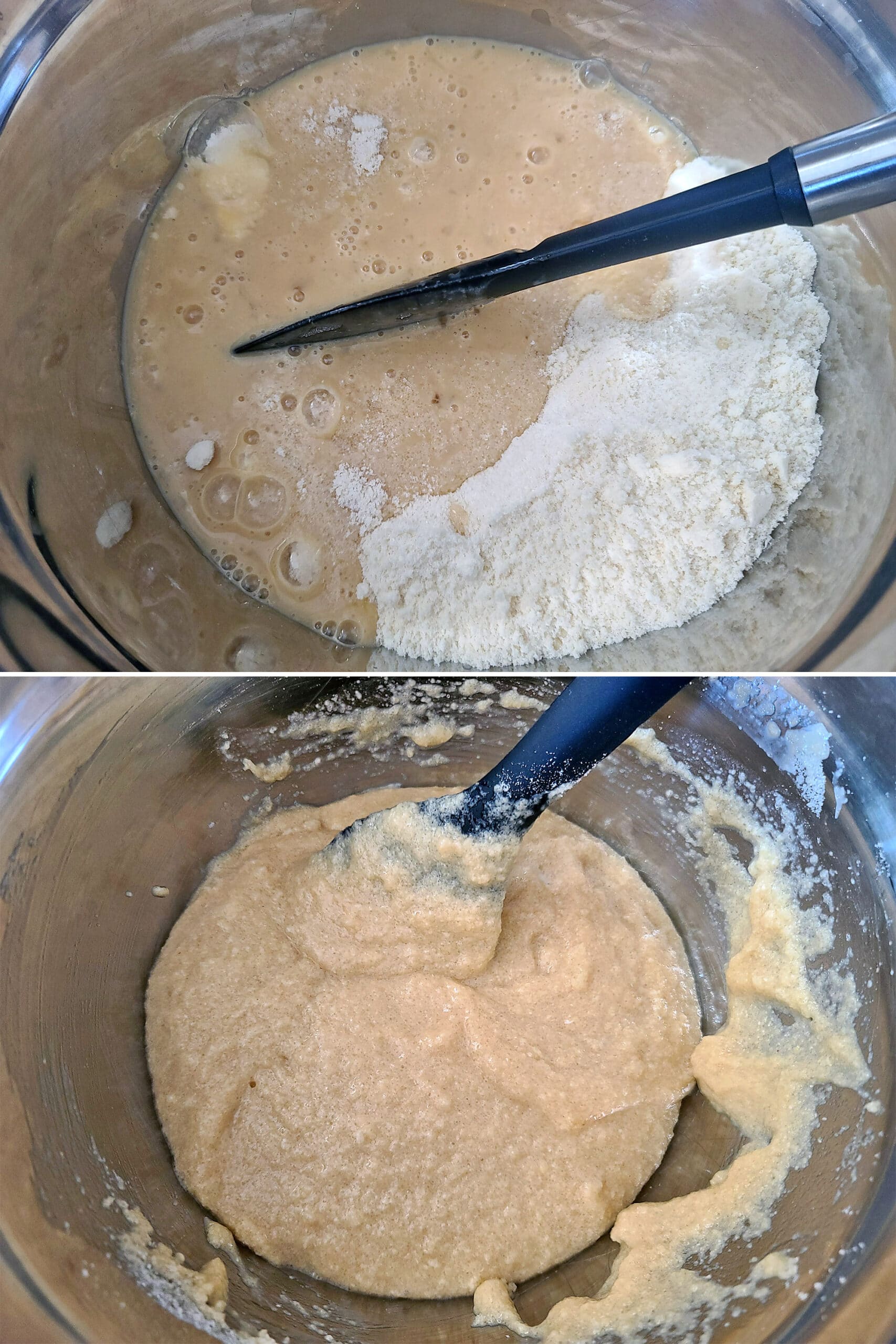 2 part image showing the wet ingredients being mixed into the bowl of dry ingredients.