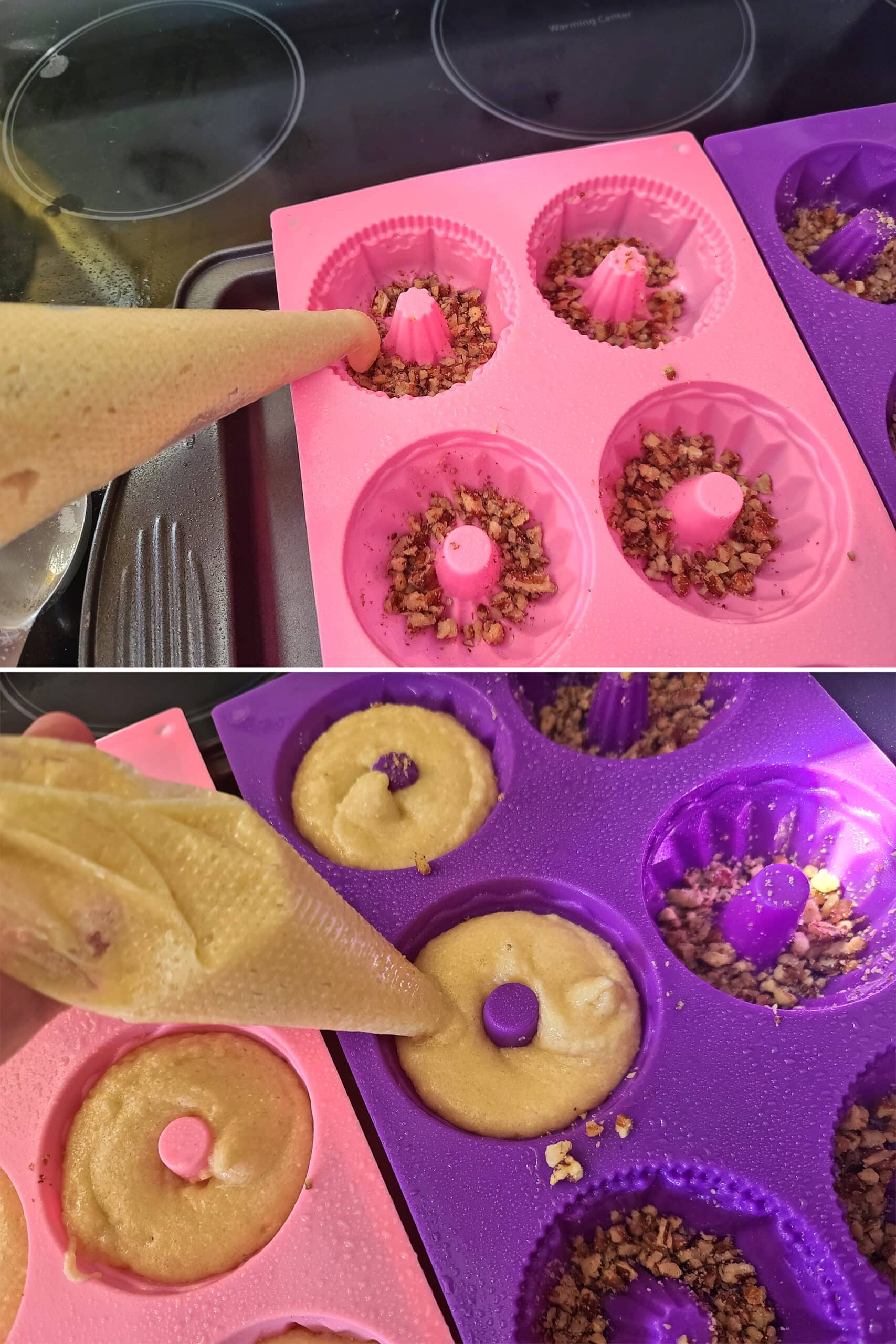 2 part image showing keto cake batter being piped into the prepared mini bundt pans.