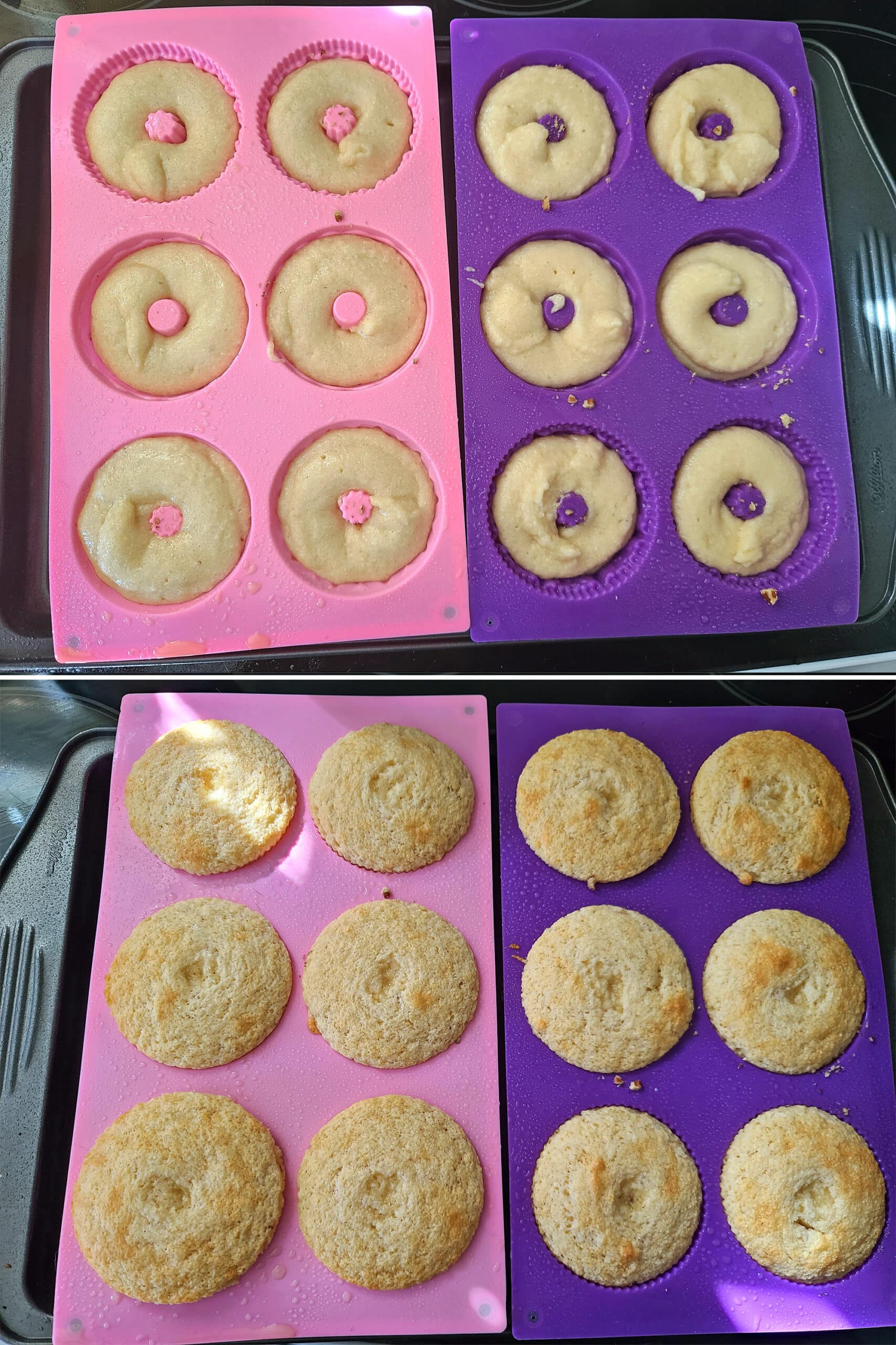 2 part image showing 2 pans of keto rum cakes before and after baking.