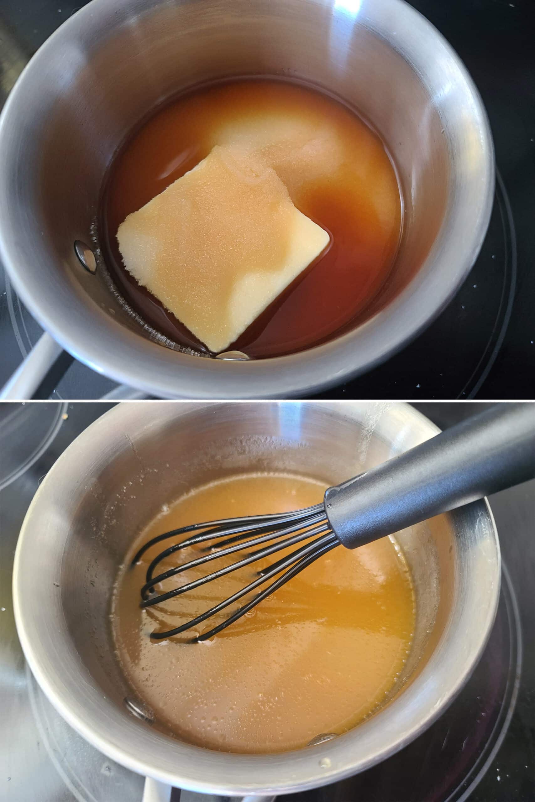 2 part image showing the rum soak being made in a small pot.