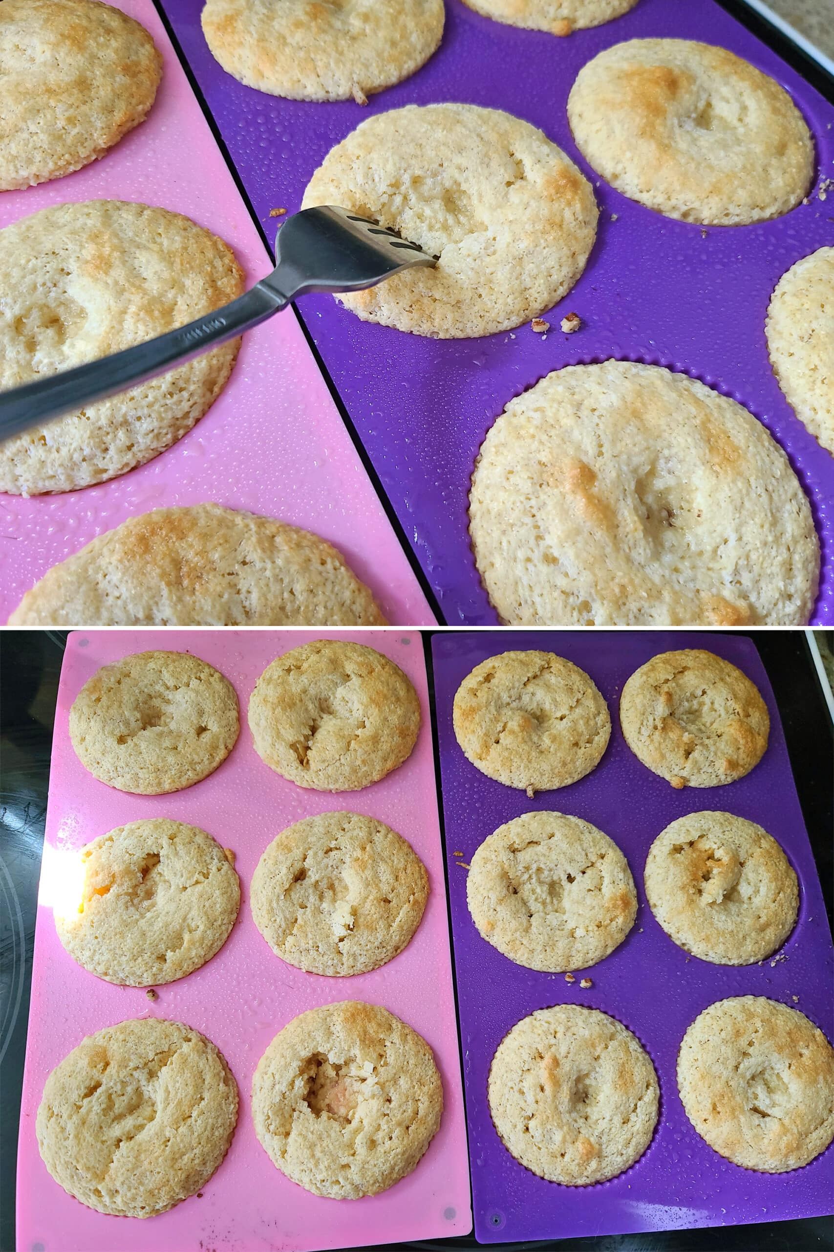 2 part image showing a form pricking holes in the tops of the keto rum cakes.