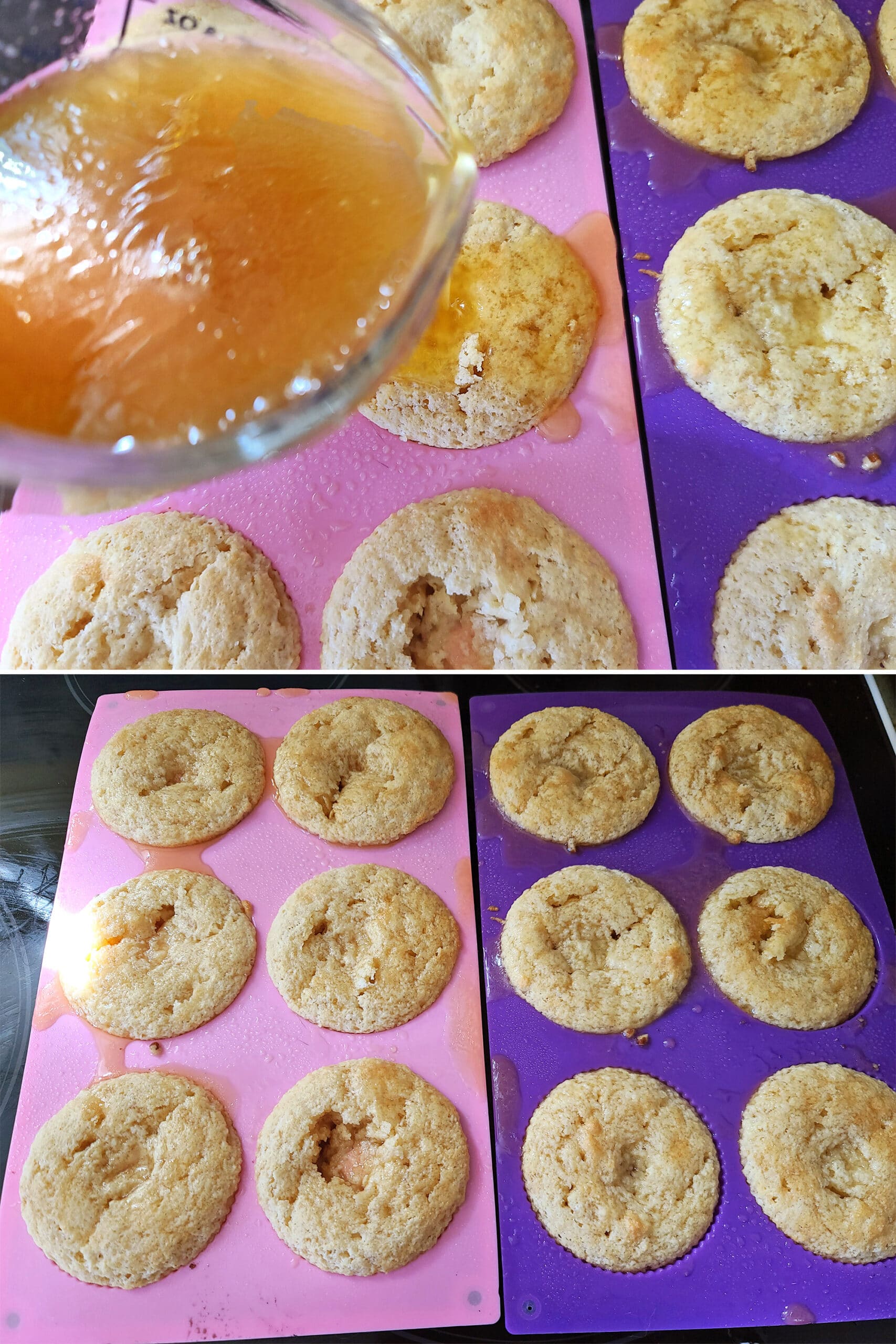 2 part image showing the rum drizzle being poured over the keto rum cakes.