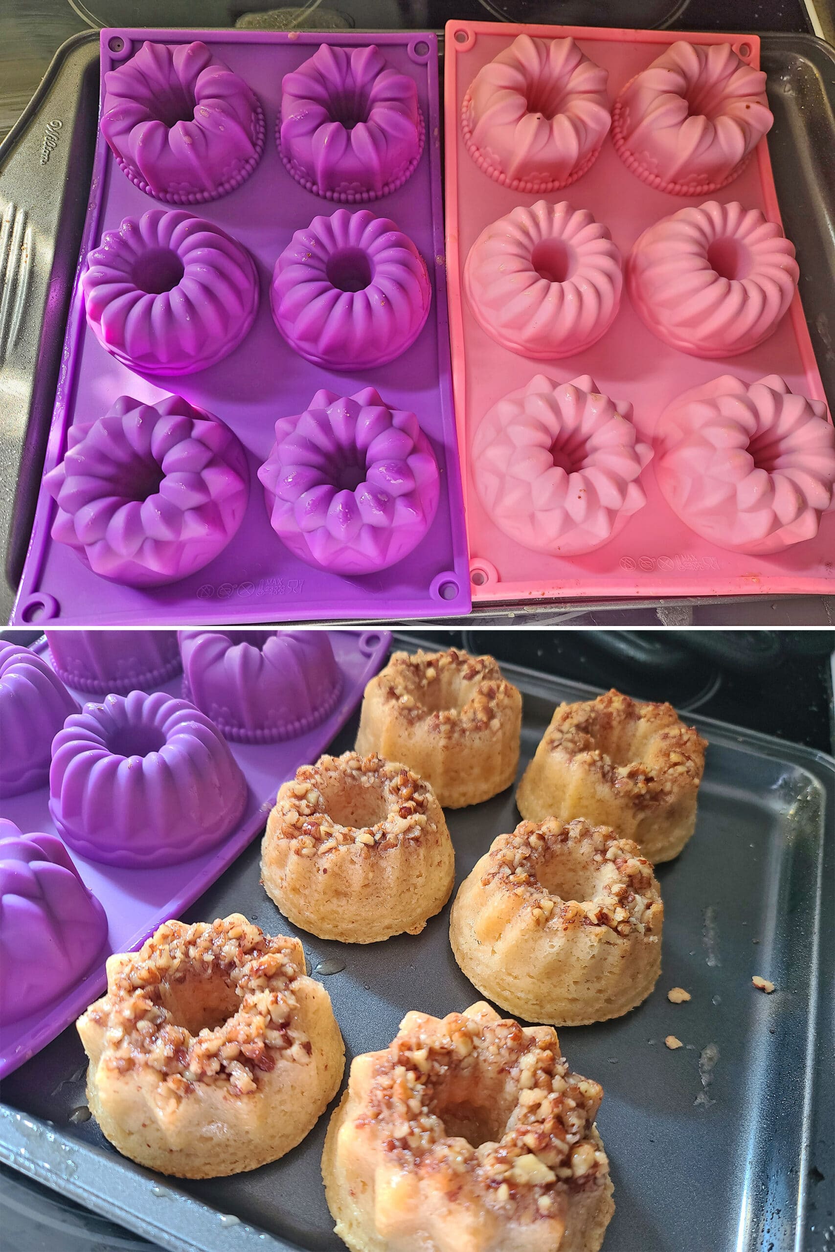 2 part image showing two pans of keto rum cake being turned out onto a baking sheet.