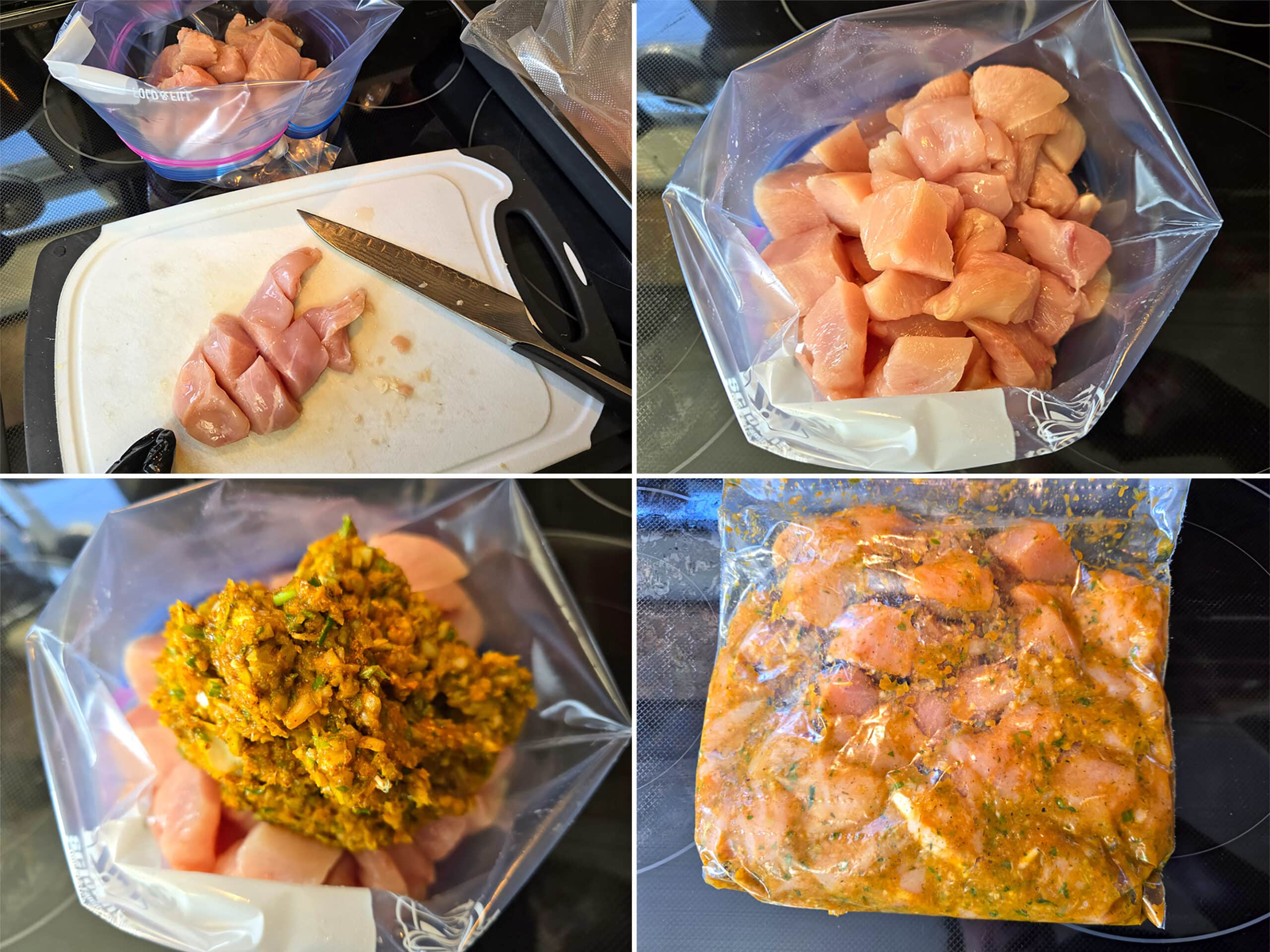 4 part image showing chicken breasts being cut up, put in a plastic bag, and mixed with the marinade.