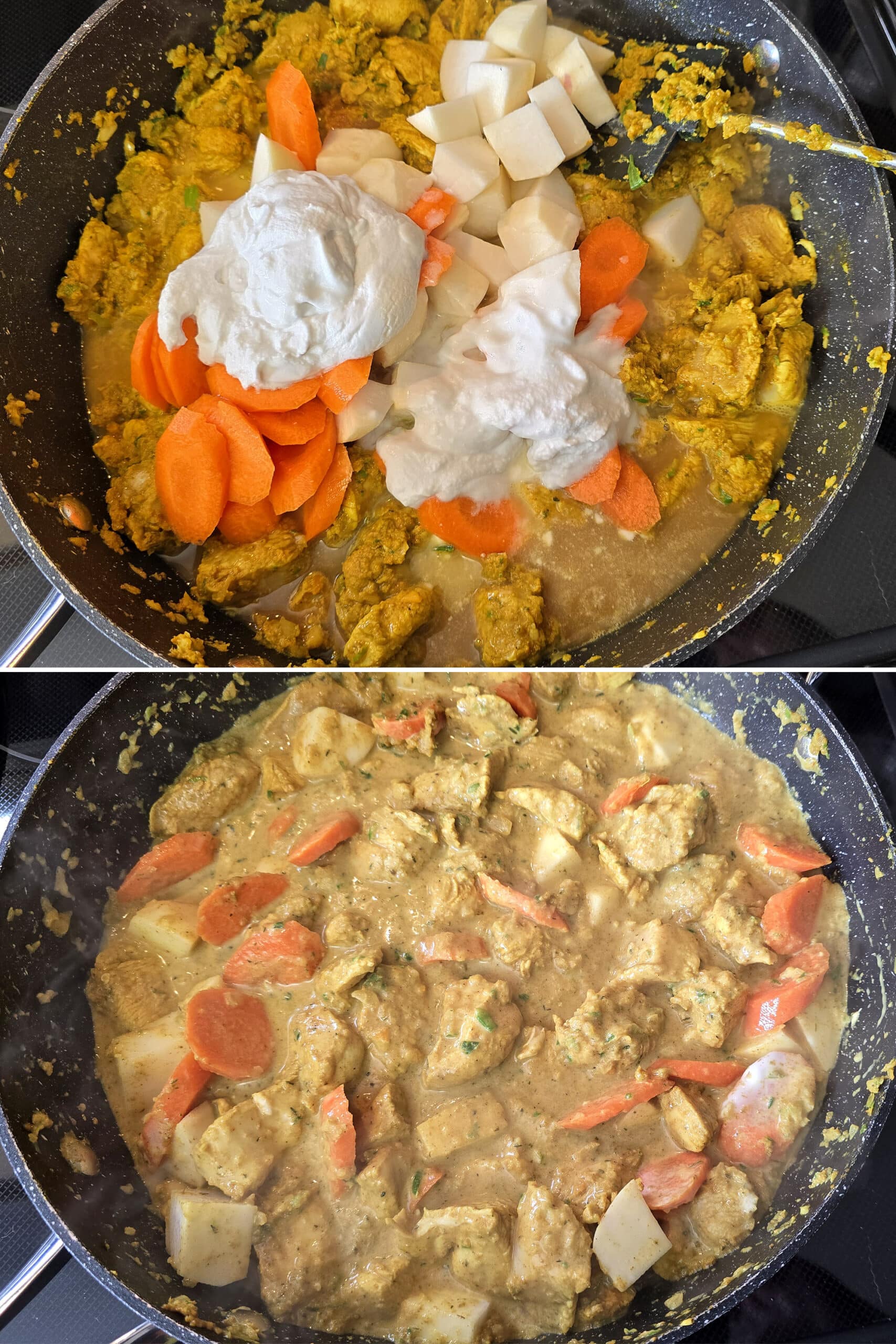 2 part image showing turnips, carrots, coconut milk, and chicken broth being added to the pan and stirred in.
