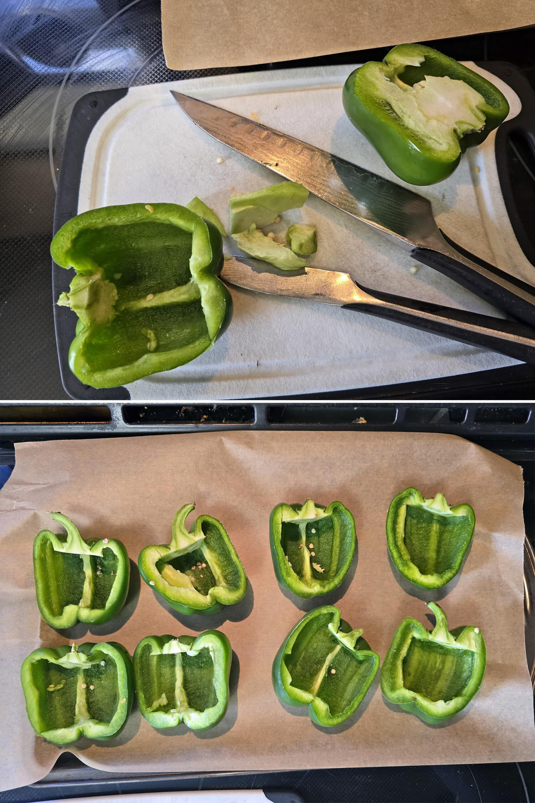 2 part image showing a green pepper being cut in half and seeded, then a pan of 8 pepper halves.