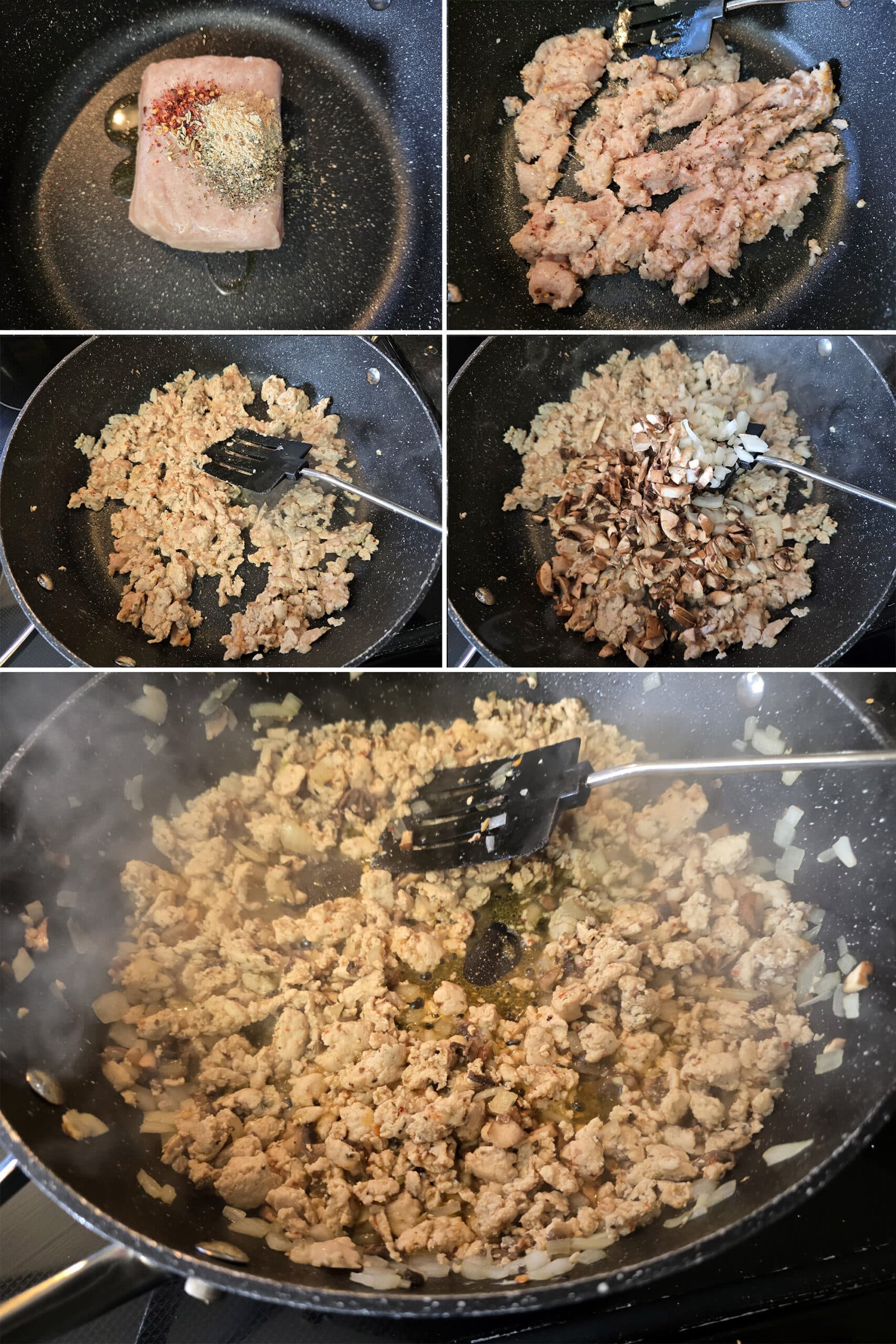 5 part image showing the ground meat and spices being cooked, then the onions and mushrooms being added and cooked down.