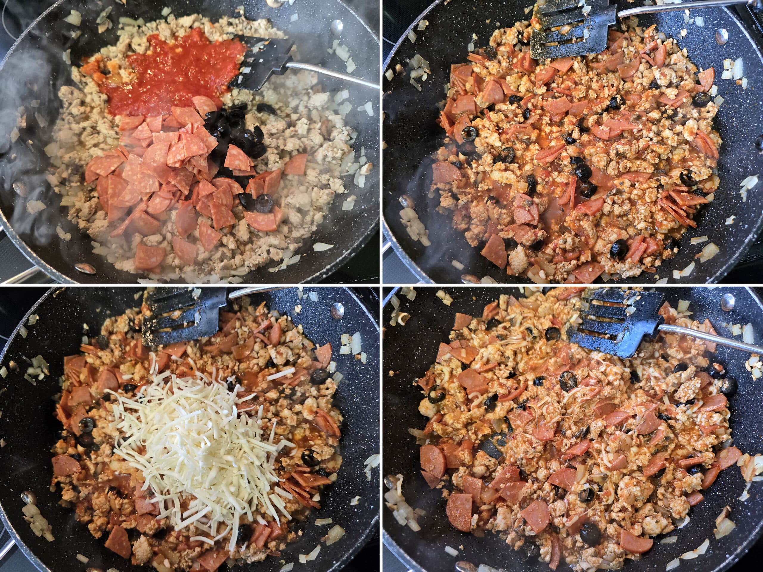 4 part image showing the sauce, pepperoni, and olives being stirred in, then cheese being added.