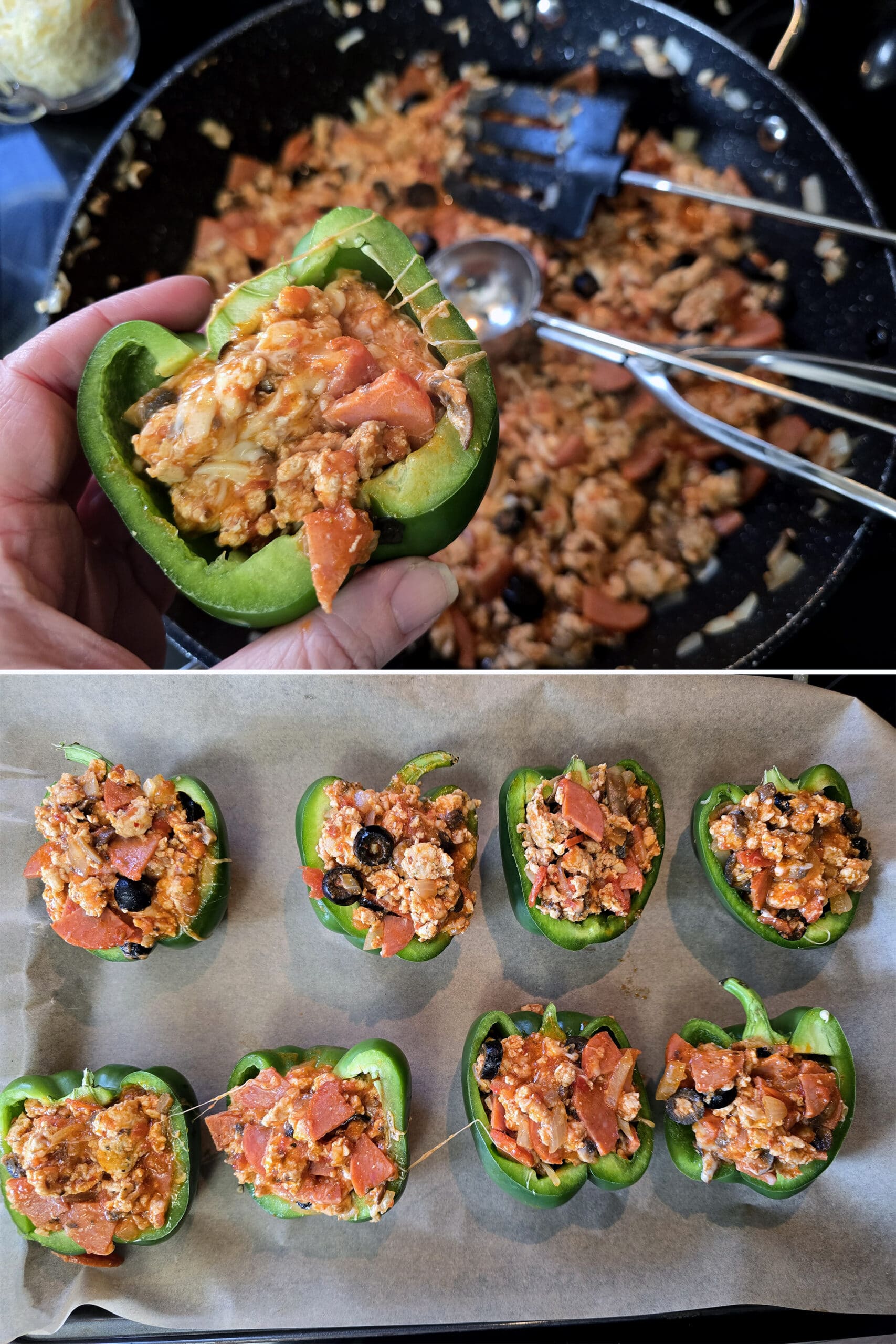 2 part image showing a green pepper being stuffed with pizza filling, then a pan of 8 stuffed peppers.