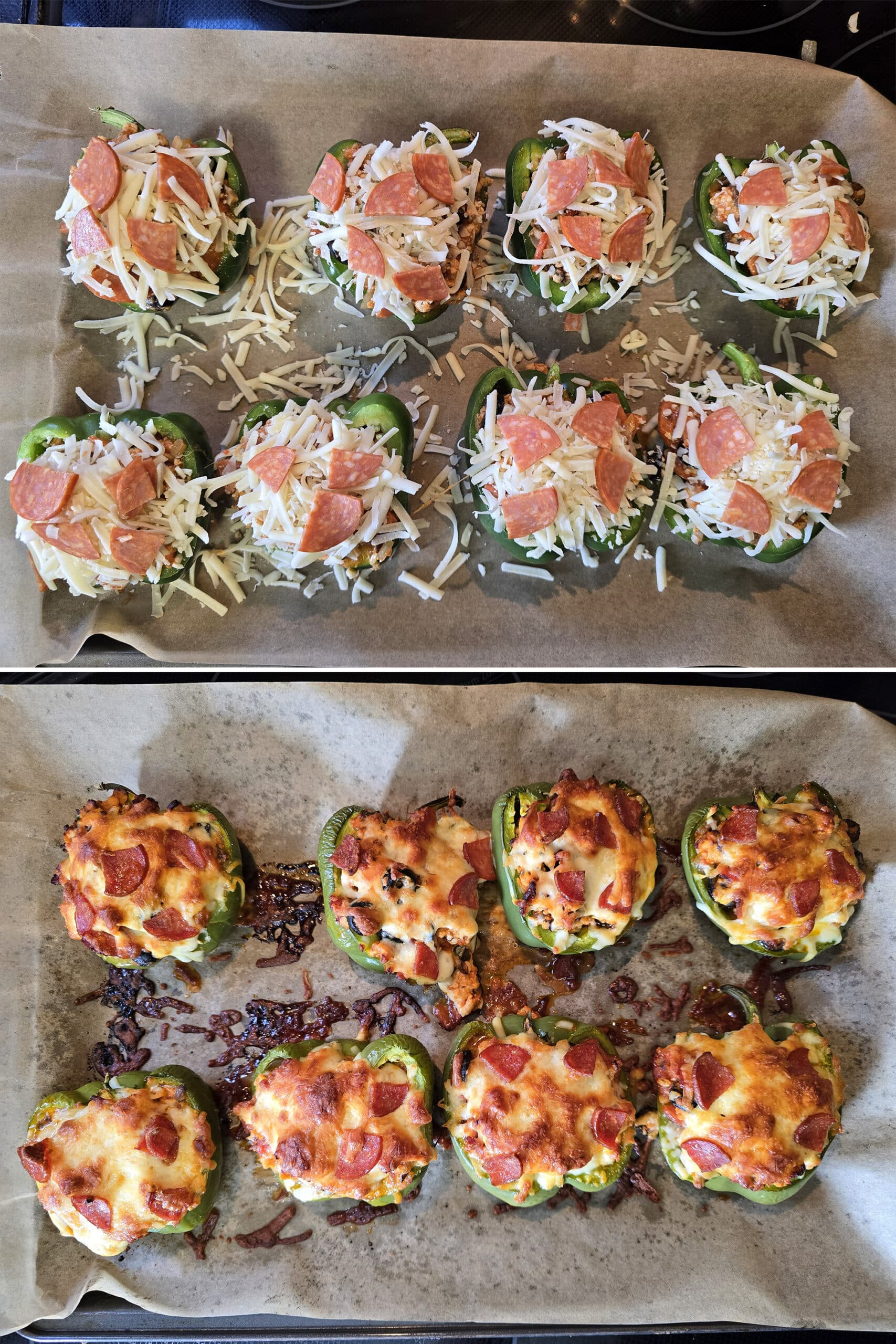 2 part image showing a pan of pizza stuffed peppers before and after baking.