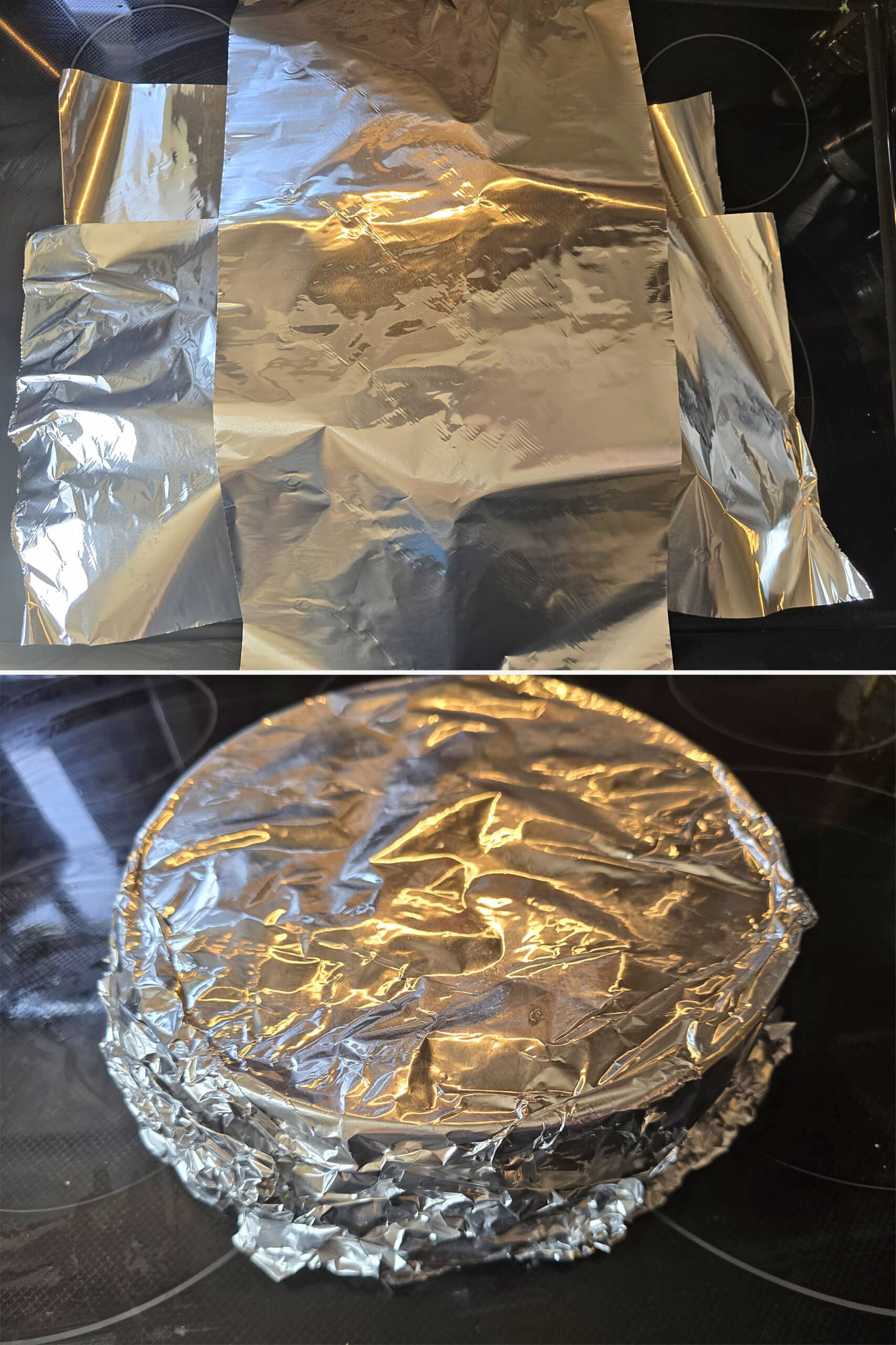 2 part image showing 2 sheets of aluminum foil being formed around a springform pan.