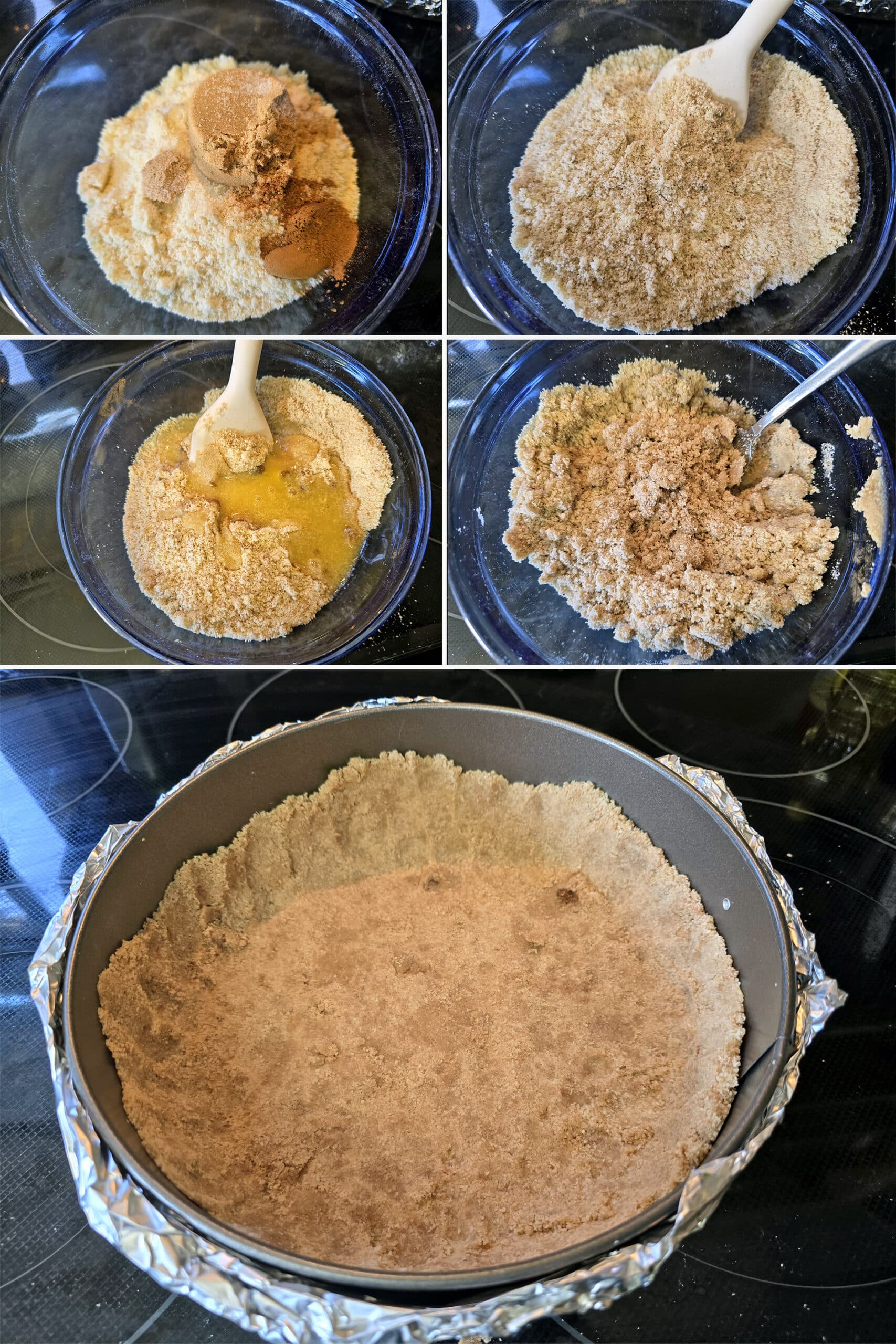 5 part image showing the almond flour crust being mixed together and formed in the cheesecake pan.