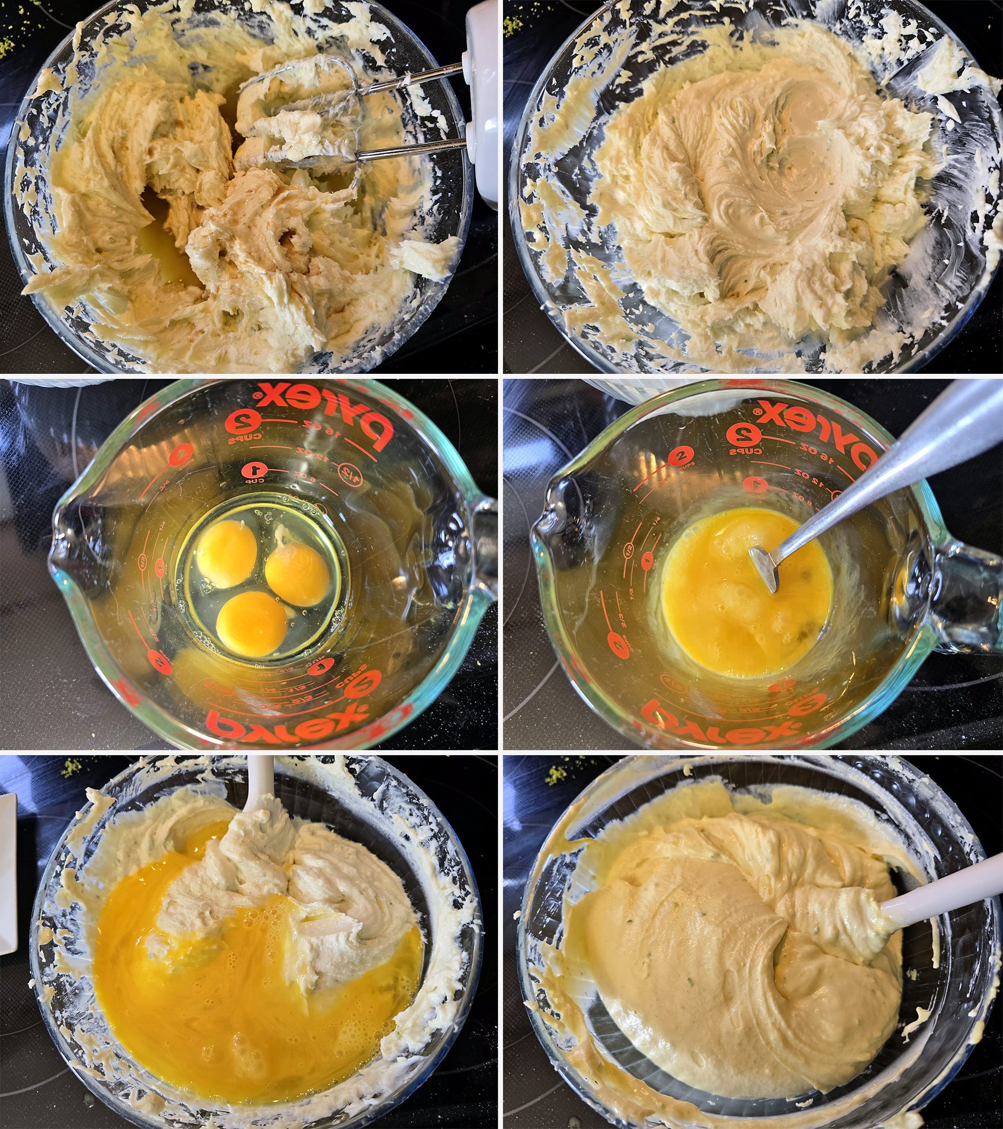 6 part image showing the lime juice and vanilla beaten into the cream cheese, the eggs whisked and added to the bowl, and everything stirred together.