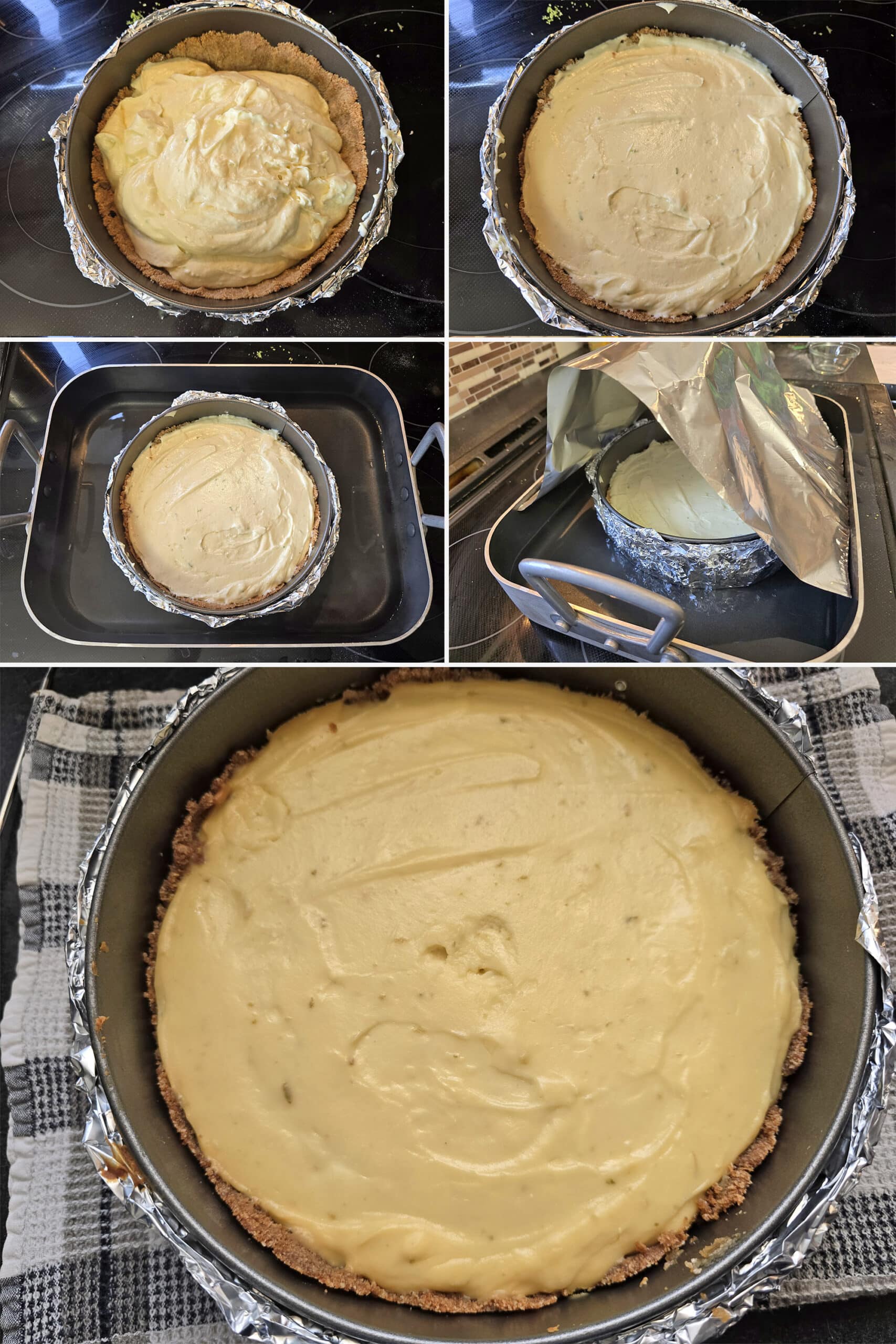 4 part image showing the sugar free lime cheesecake batter being spread in the prepared crust, put in a larger pan with water, tented with foil, and baked.