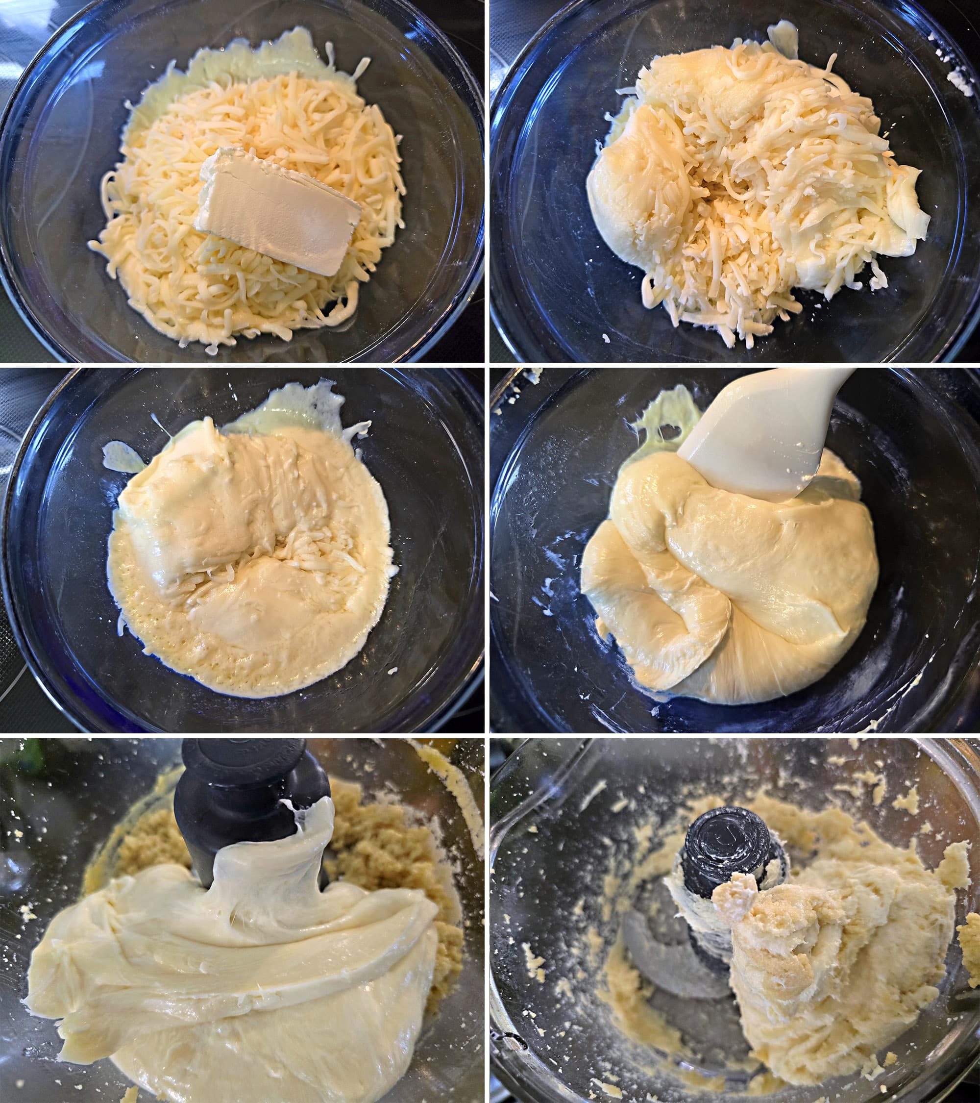 3 part image showing mozzarella and cream cheese being melted together, then added to the food processor to form fathead dough.