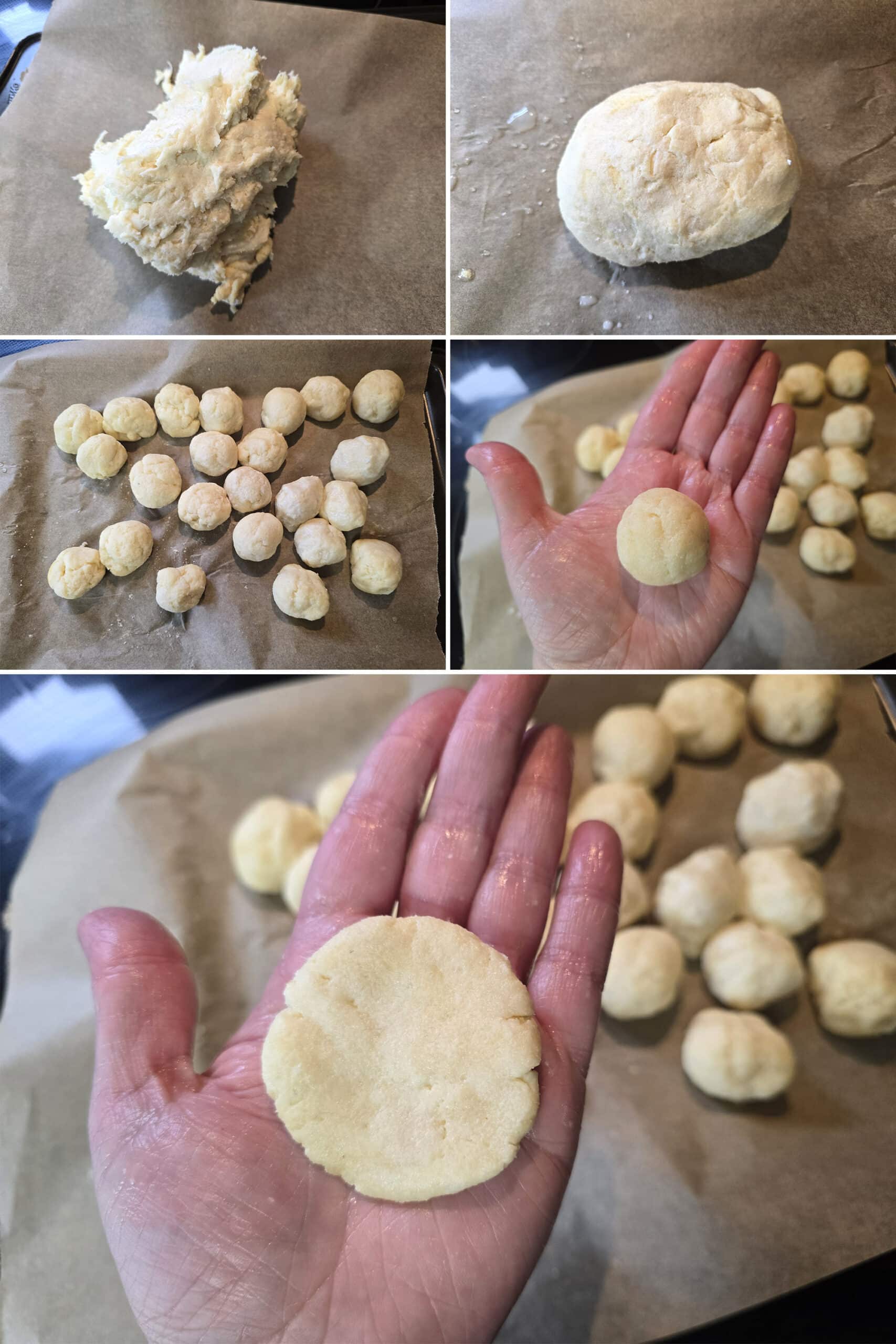 5 part image showing a ball of fathead dough being divided into balls, rolled, and flattened into rounds.