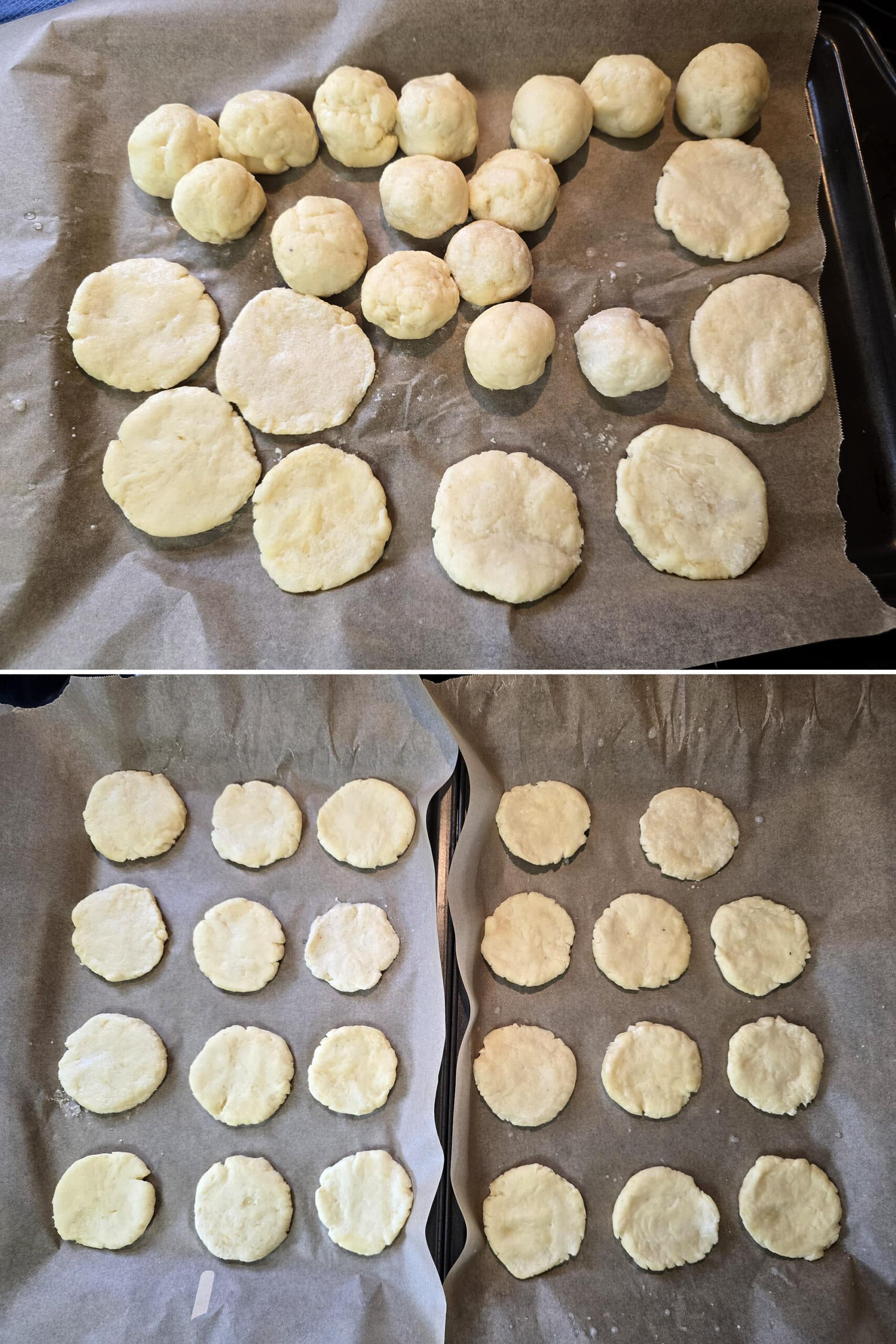 2 part image showing balls of fathead dough being flattened into rounds.