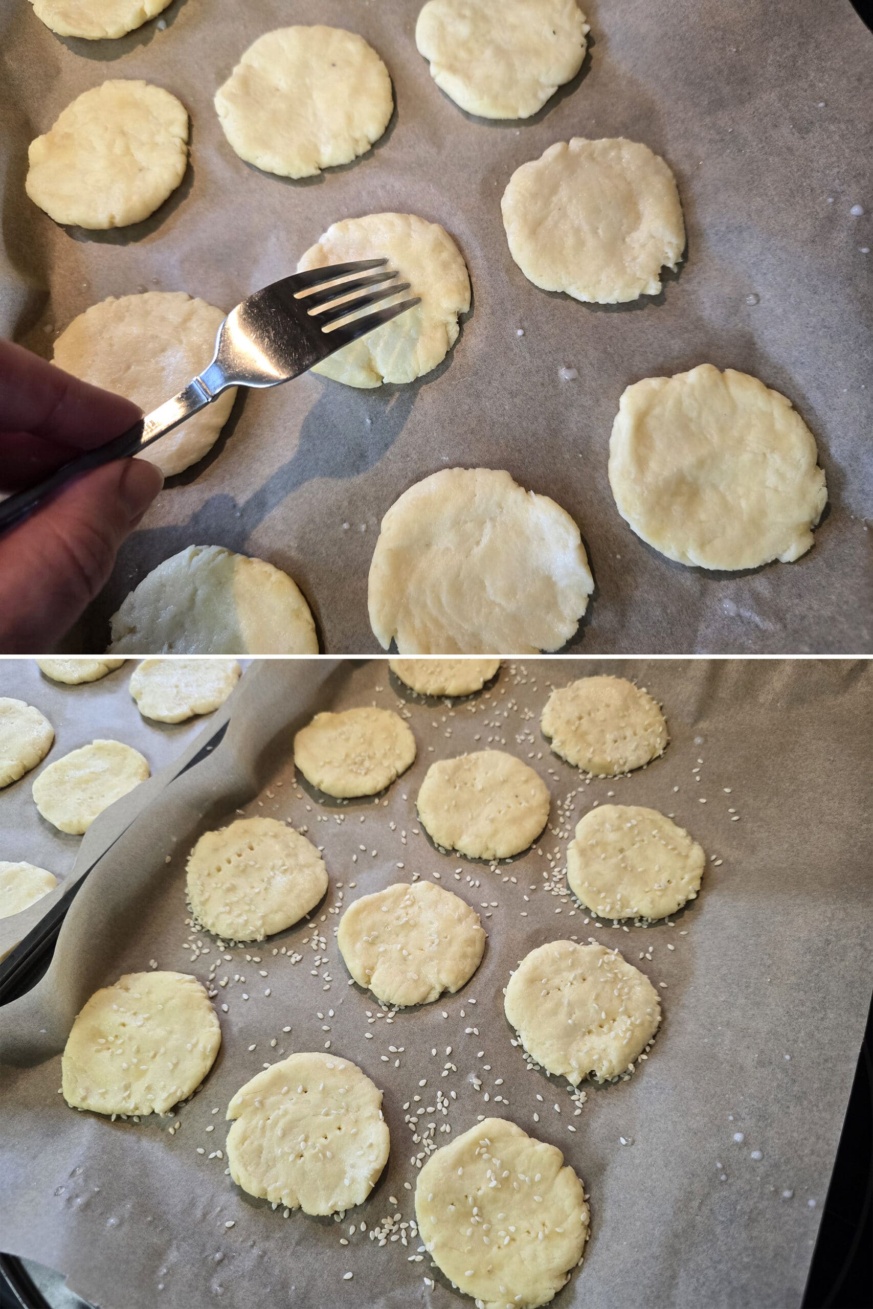 2 part image showing a fork pricking unbaked fathead dough rounds on a baking sheet.