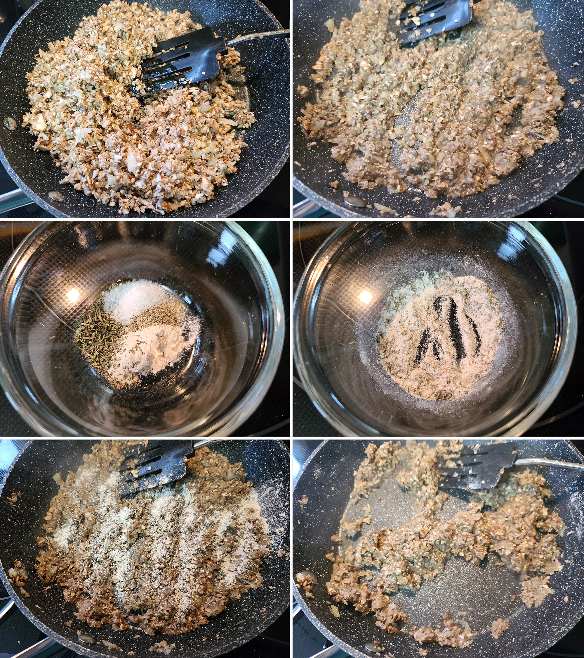 6 part image showing finely chopped mushrooms being chopped in a pan, dry ingredients being mixed together, sprinkled over the mushrooms and stirred in.