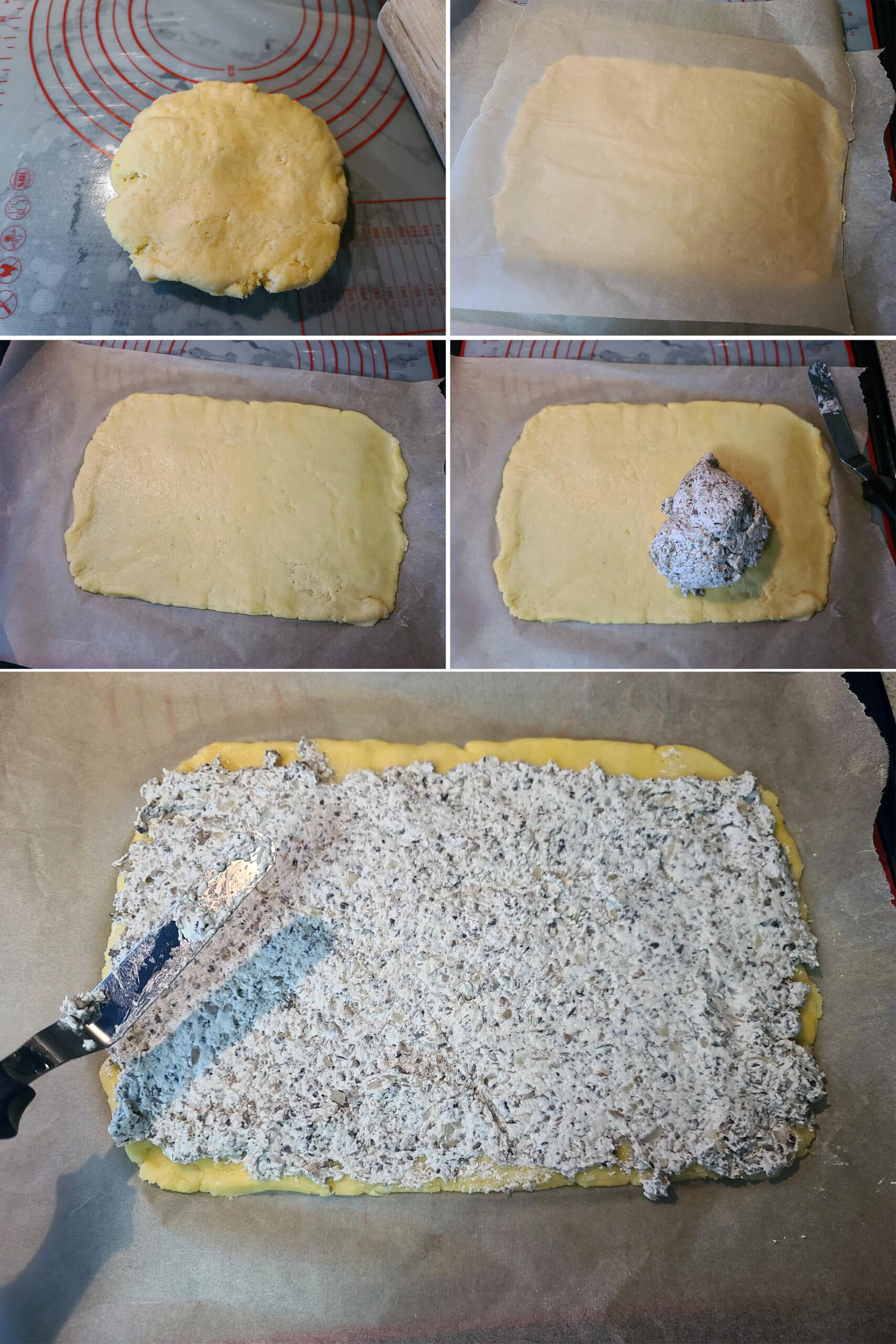 5 part image showing keto fathead dough being rolled into a rectangle and spread with mushroom cream cheese mixture.