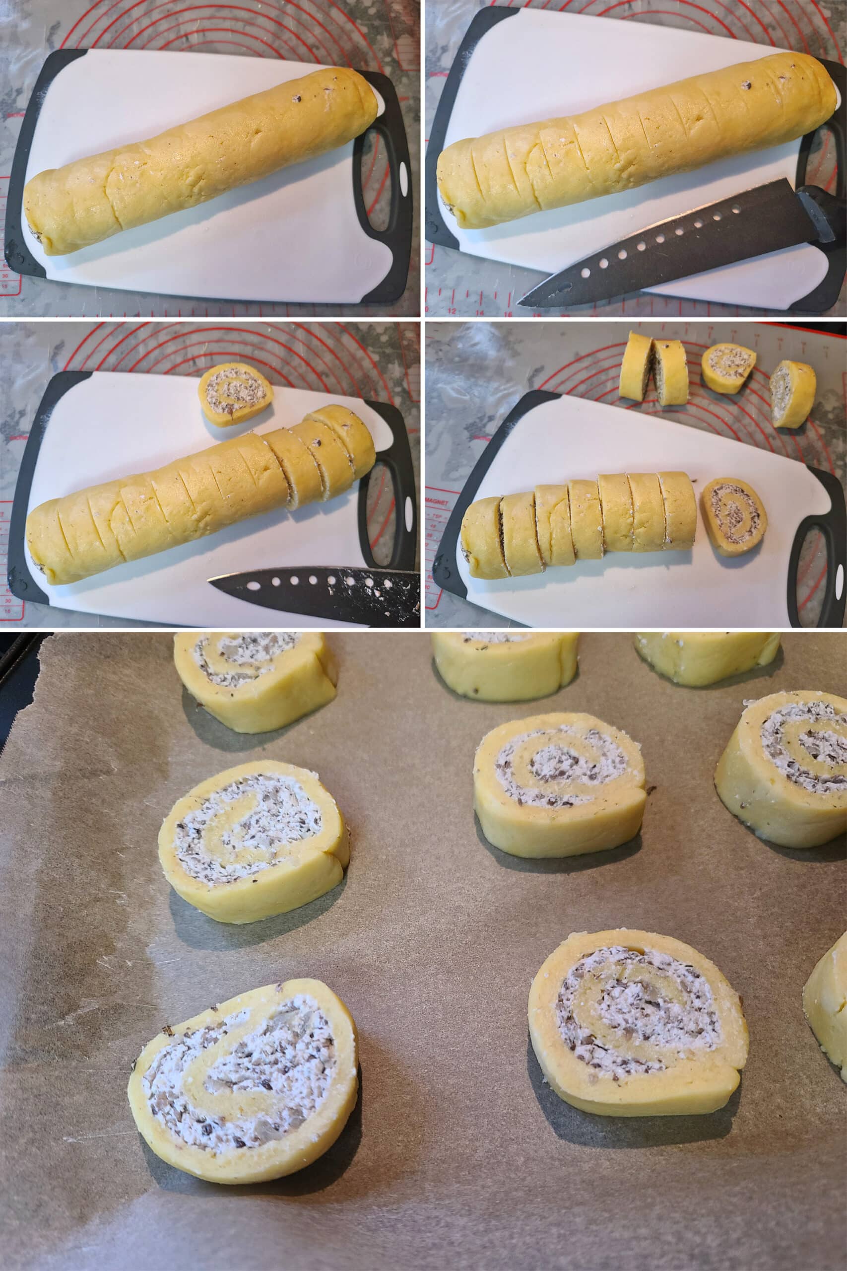 5 part image showing the chilled pastry roll being scored and cut into 12 rounds.