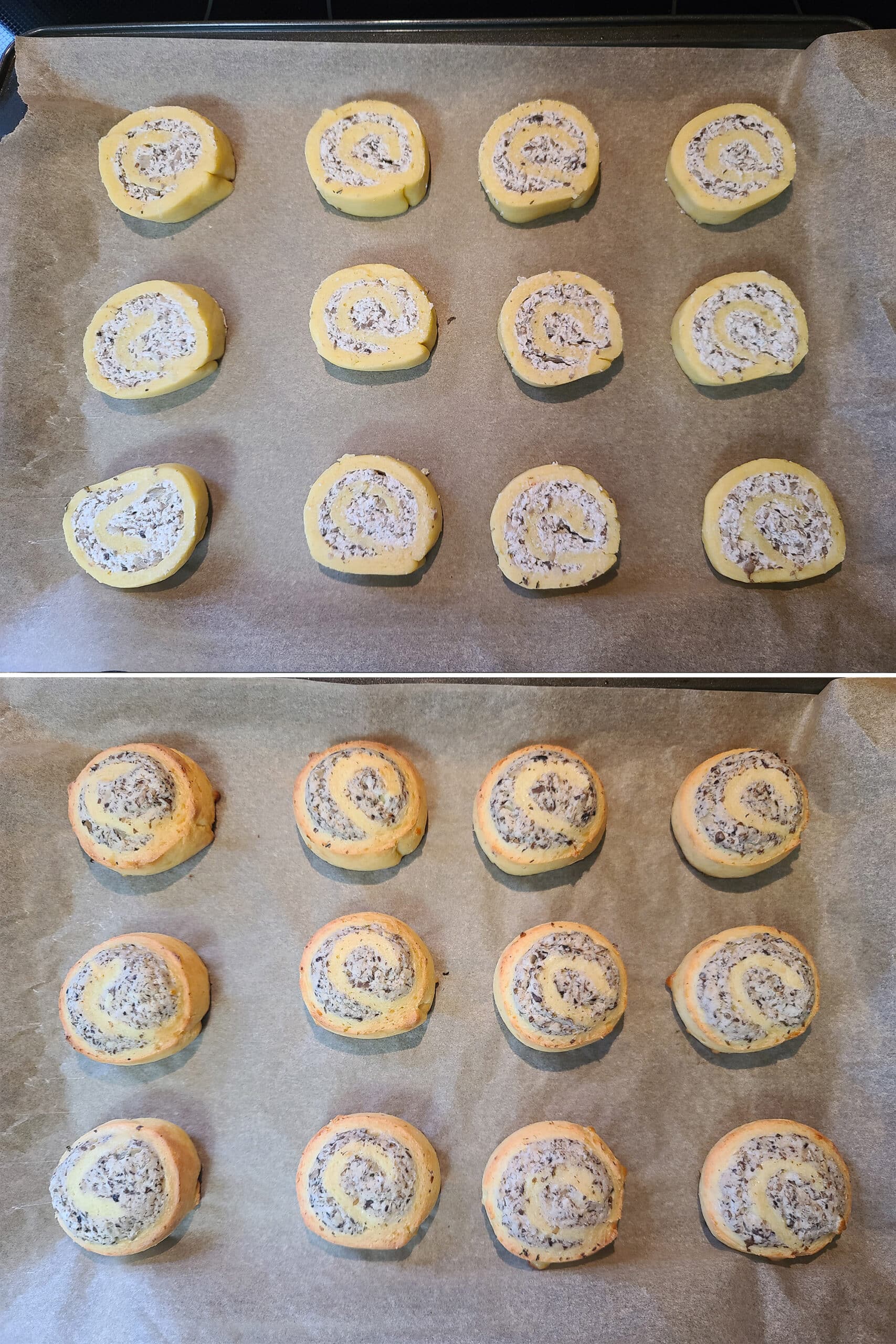 2 part image showing a pan of keto cheese and mushroom pastry pinwheels before and after baking.