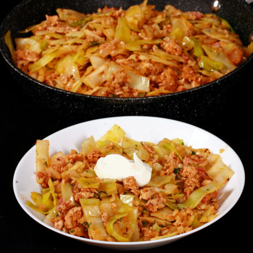 A pan and bowl of low carb cabbage roll in a bowl.
