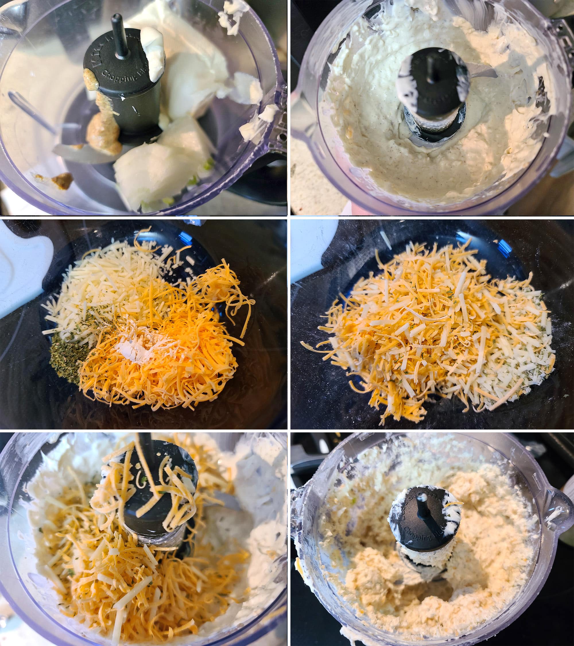 6 part image showing the onion cheese mixture being made in a food processor, as described.