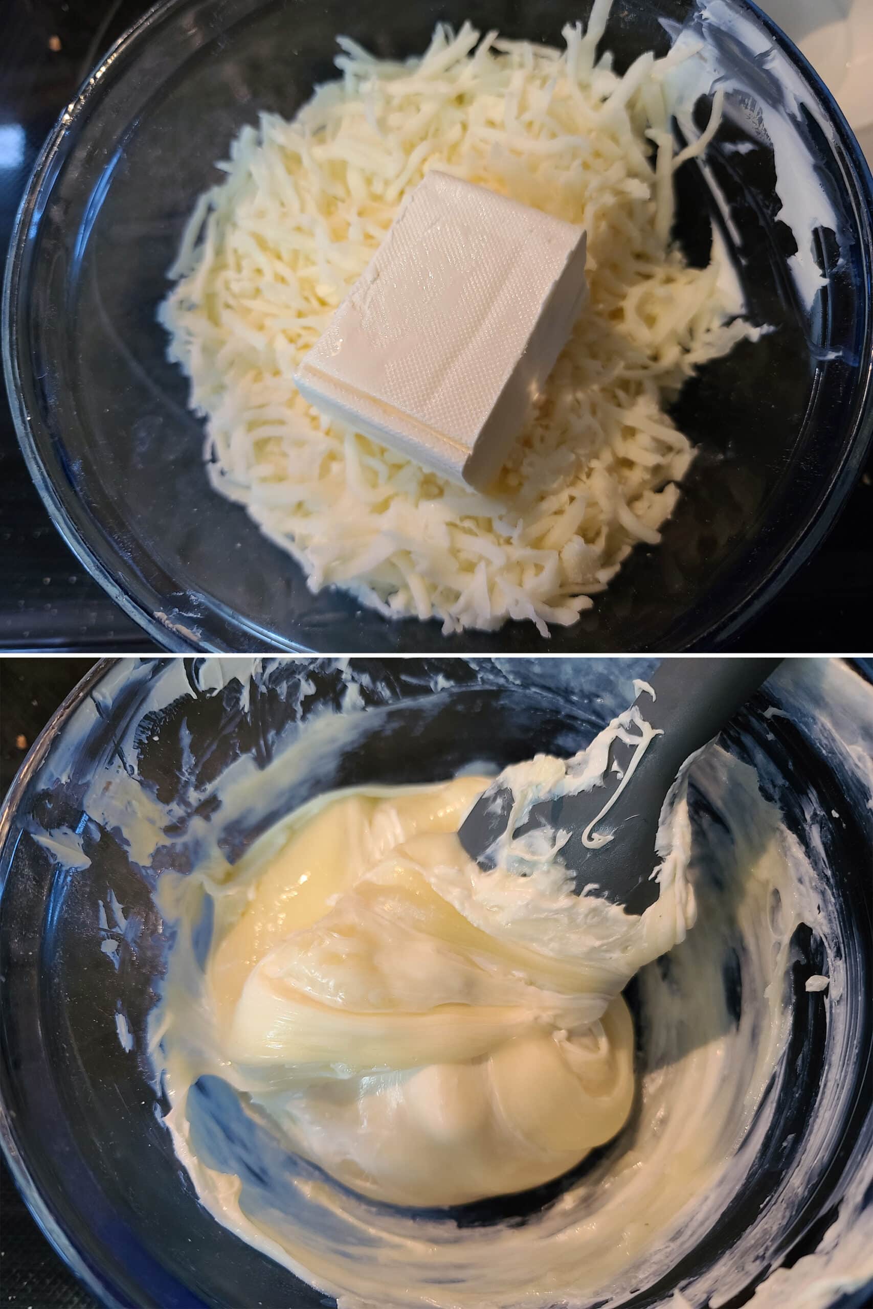 2 part image showing a bowl of mozzarella and cream cheese before and after melting and being mixed together.