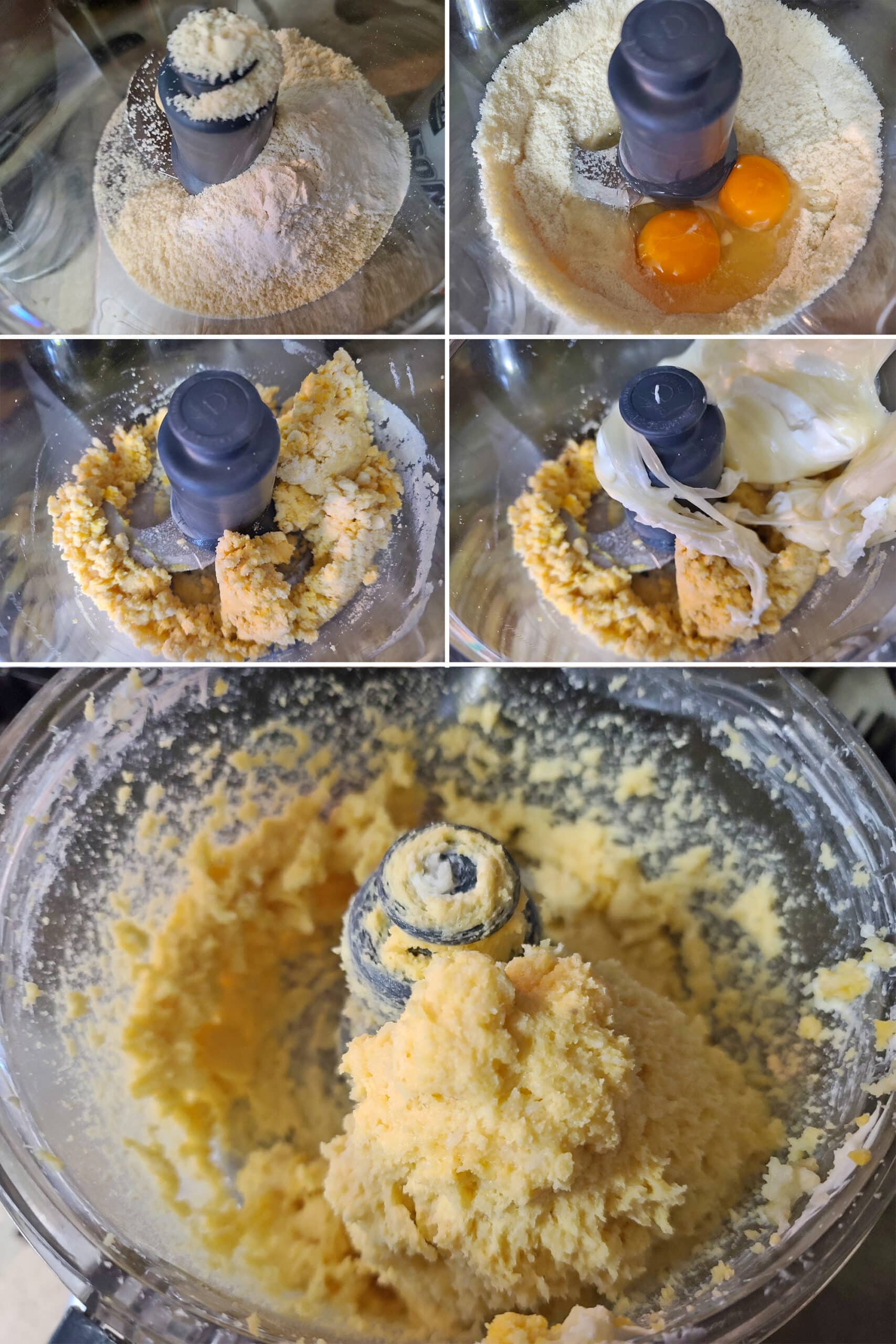 5 part image showing the dry ingredients being blended with egg, then the melted cheese mixture added and mixed in.