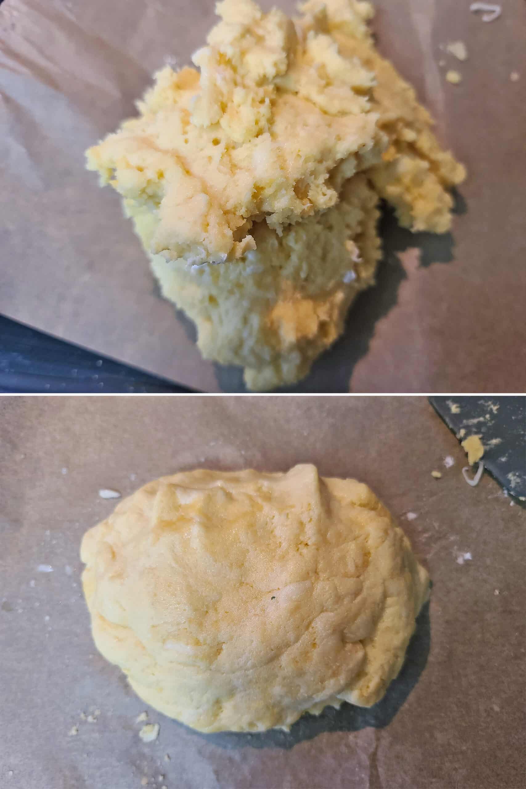 2 part image showing loose fathead dough, then a smooth ball of it.
