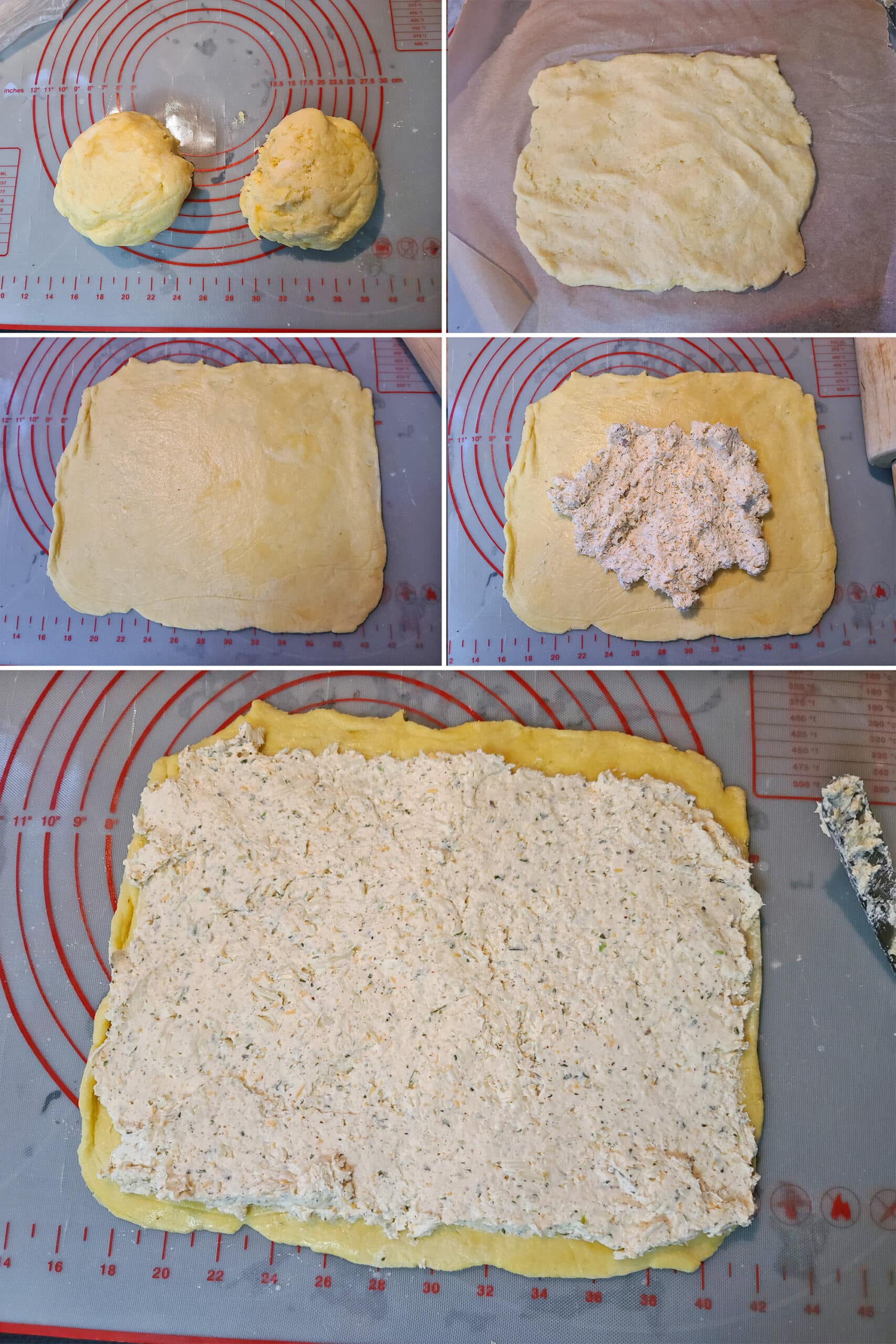 5 part image showing fathead dough being rolled into a rectangle and spread with cheese and onion mixture.