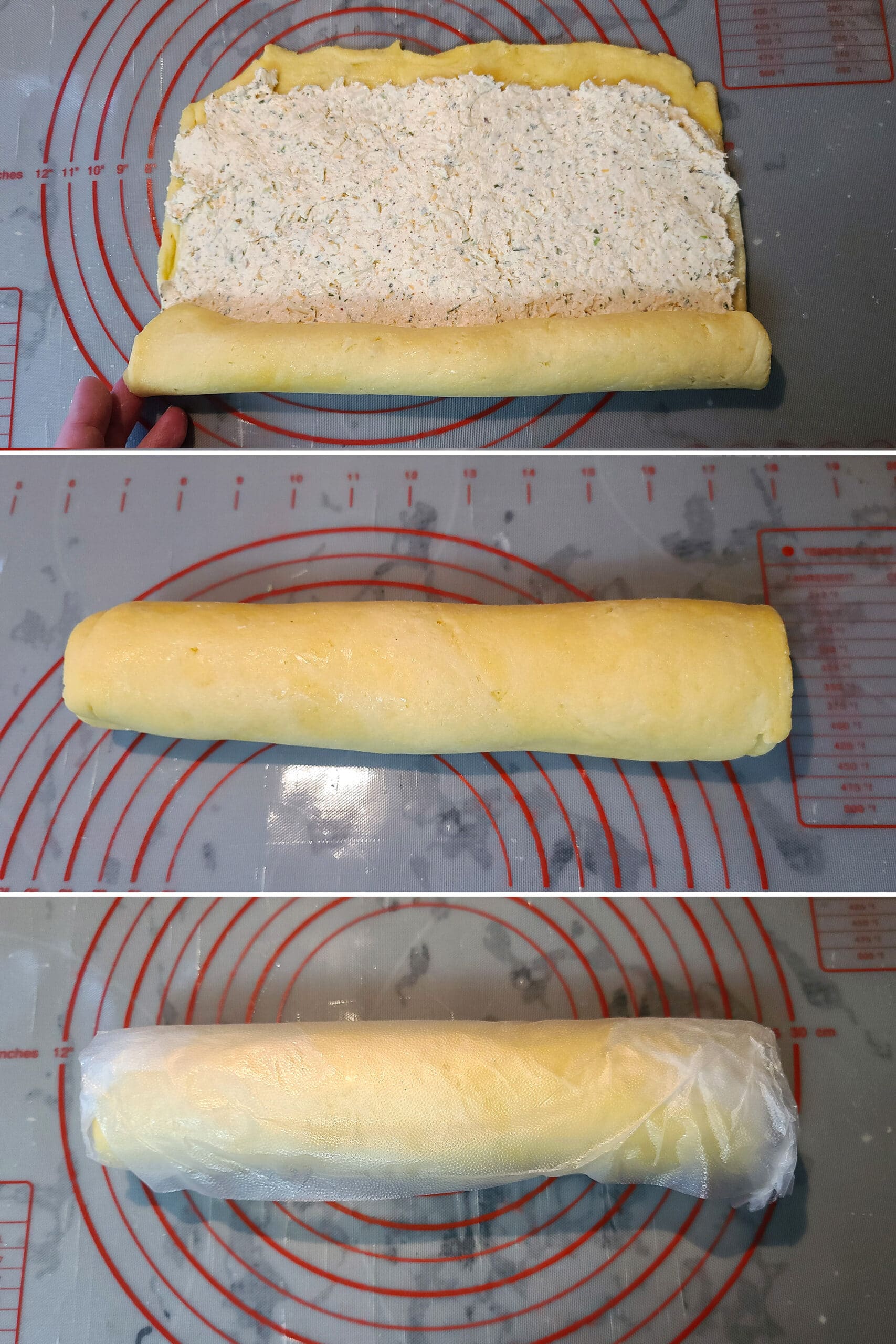 3 part image showing the pastry being rolled up and wrapped in plastic.