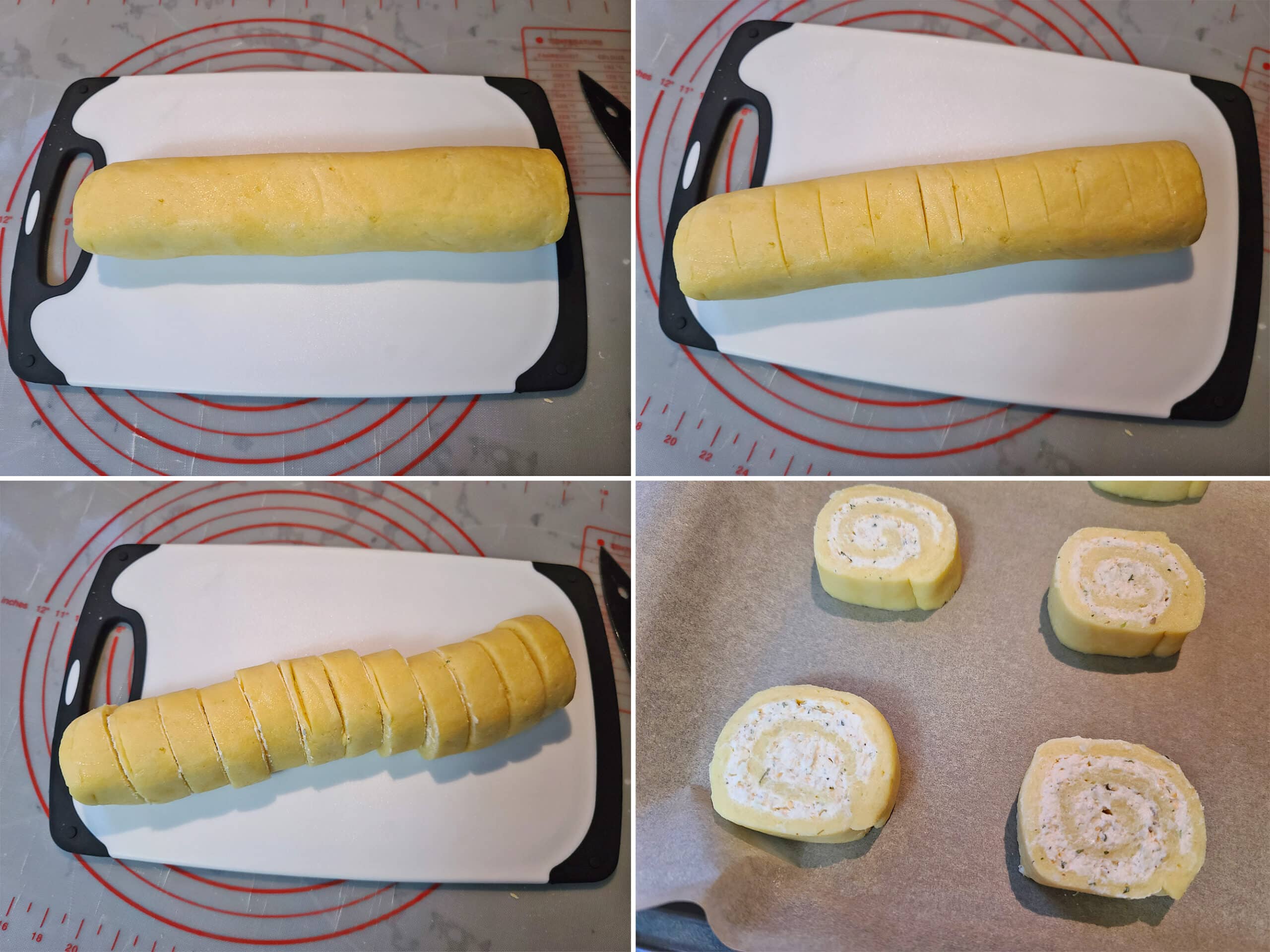 4 part image showing a chilled pastry roll being scored and cut into 12 rounds.