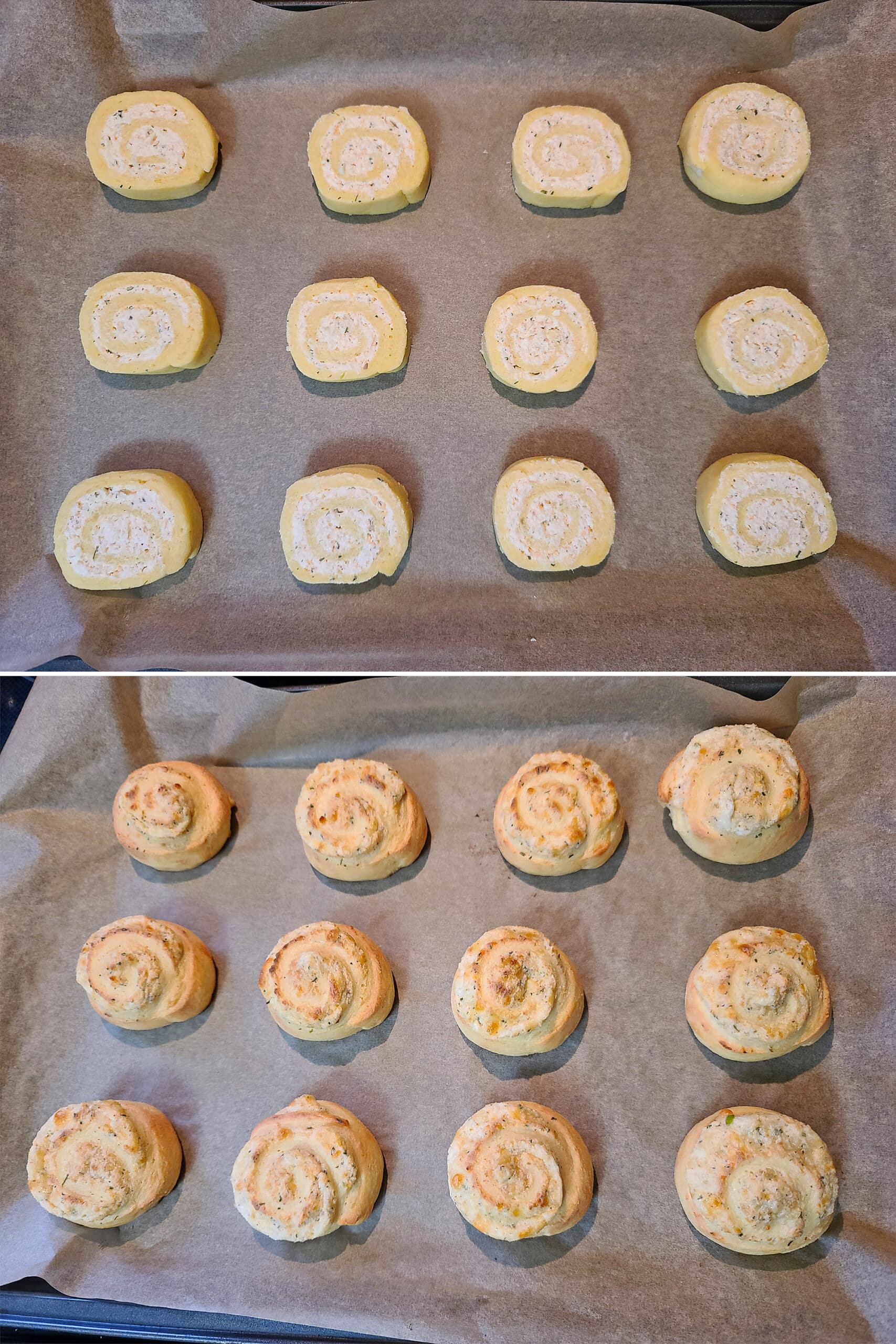 2 part image showing a pan of keto cheese and onion pinwheels before and after baking.