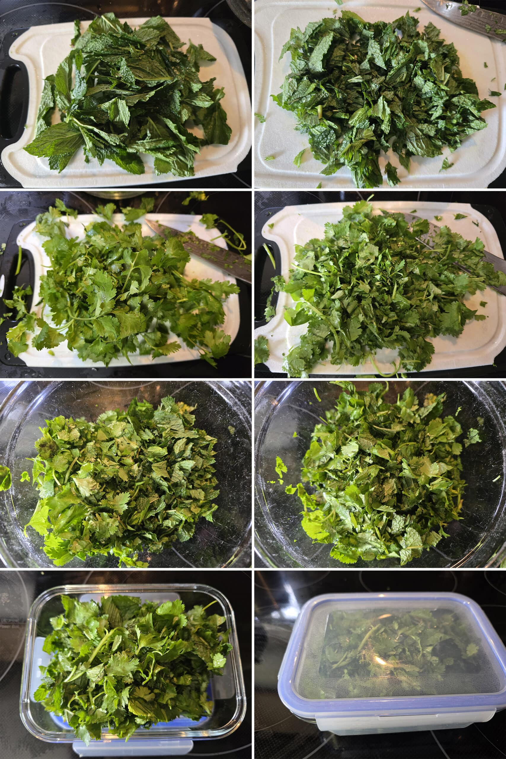 8 part image showing fresh mint and fresh cilantro being chopped, then mixed together, and stored in a lidded glass container.