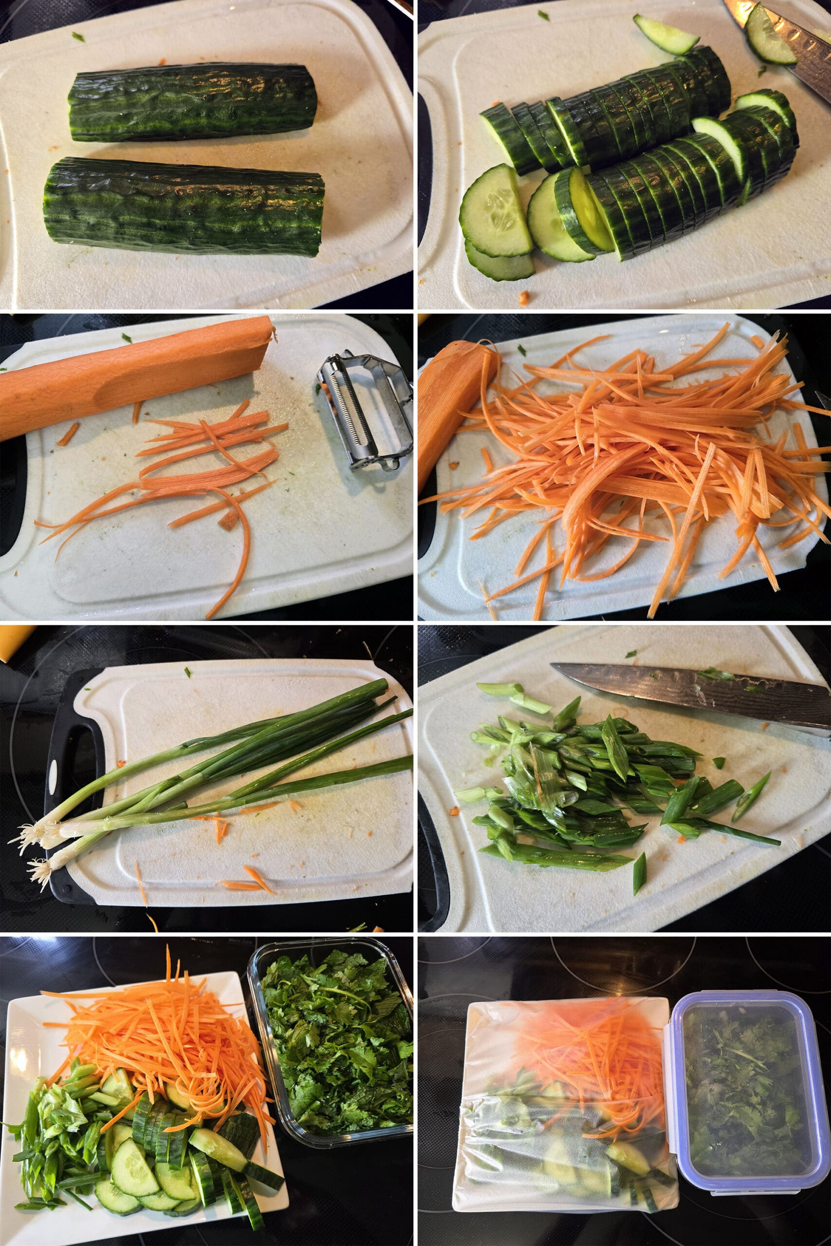 8 part image showing a zucchini being sliced, carrot being juliened, and green onions being sliced, then all the ingredients arranged on a plate and covered with plastic wrap.