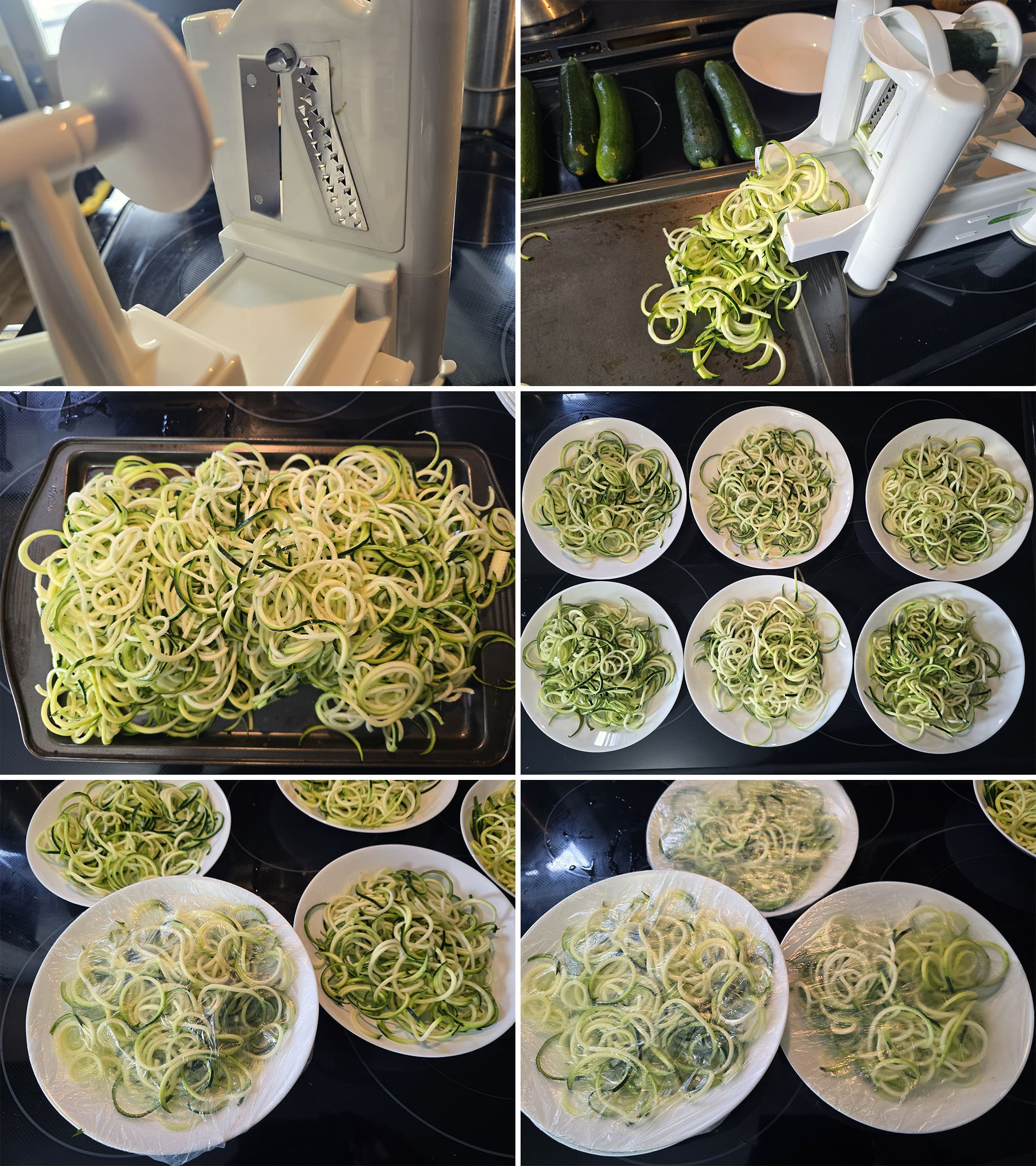 6 part image showing several zucchinis being zoodled into a large pile, then portioned into shallow bowls and covered with plastic wrap.