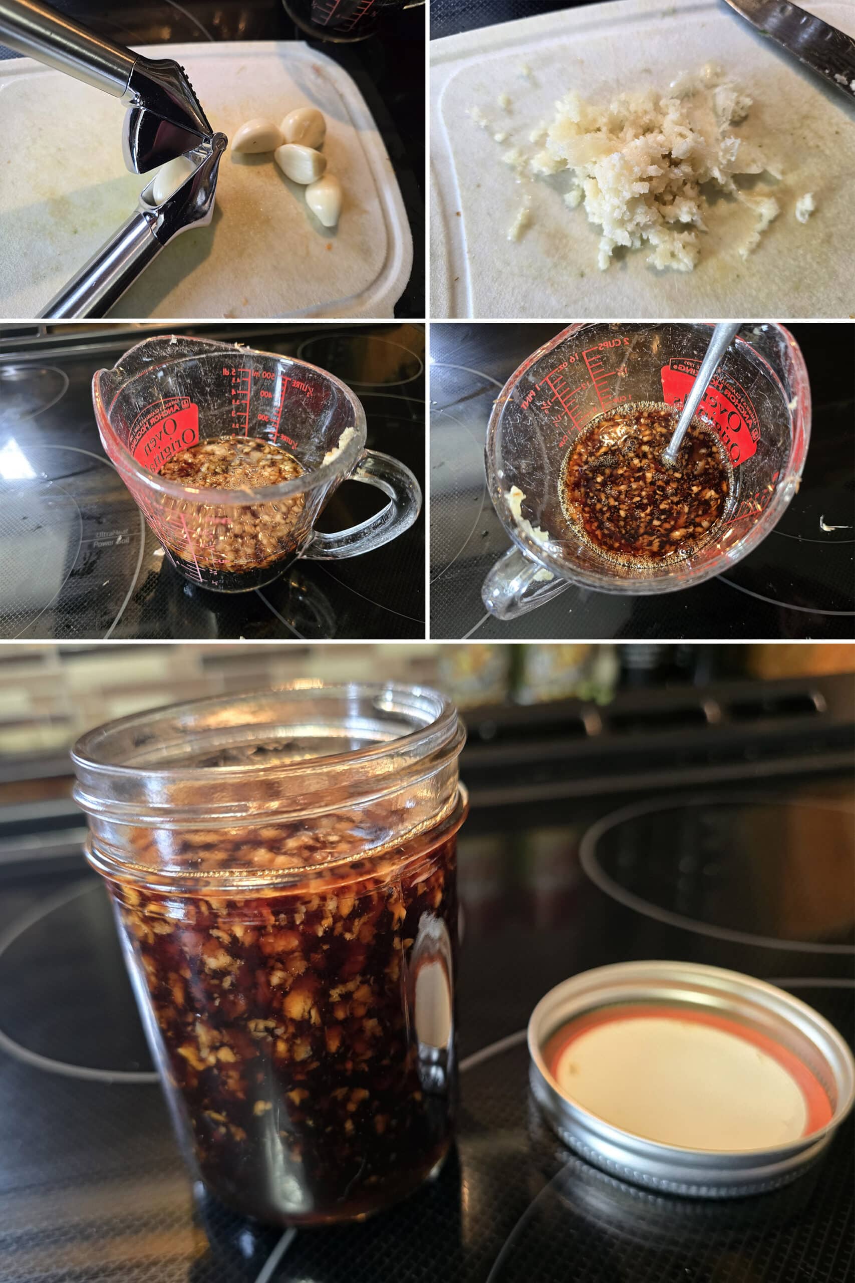 5 part image showing the Vietnamese inspired dressing being mixed in a measuring cup then poured into a mason jar for storage.