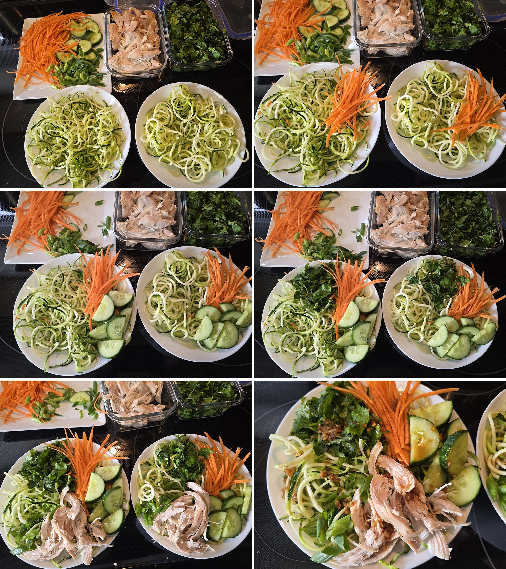 6 part image showing a Vietnamese Zoodle salad being built, with ingredients arranged in sections all over the zucchini noodles.