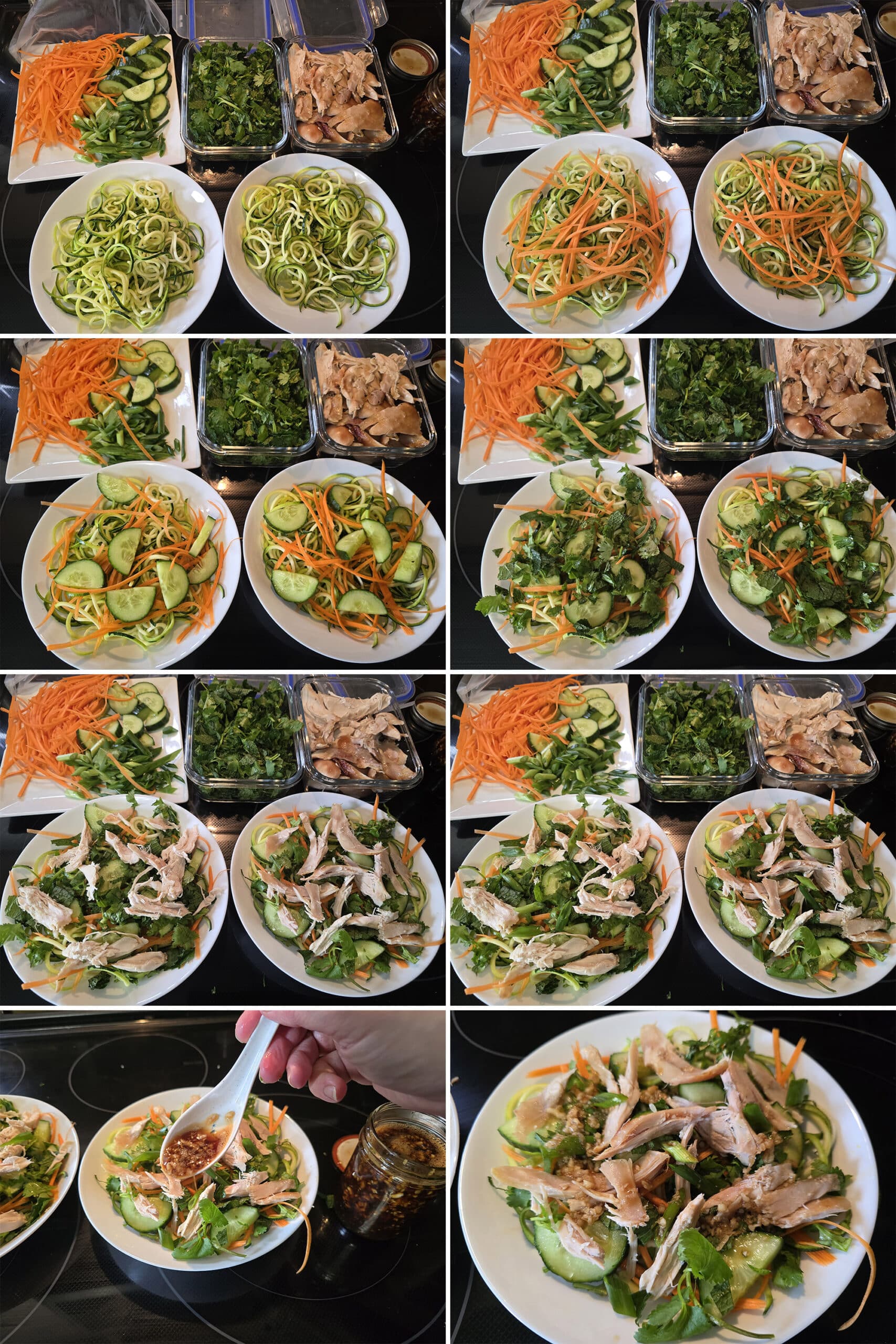 8 part image showing a Vietnamese Zoodle salad being built, with ingredients scattered all over the zucchini noodles.